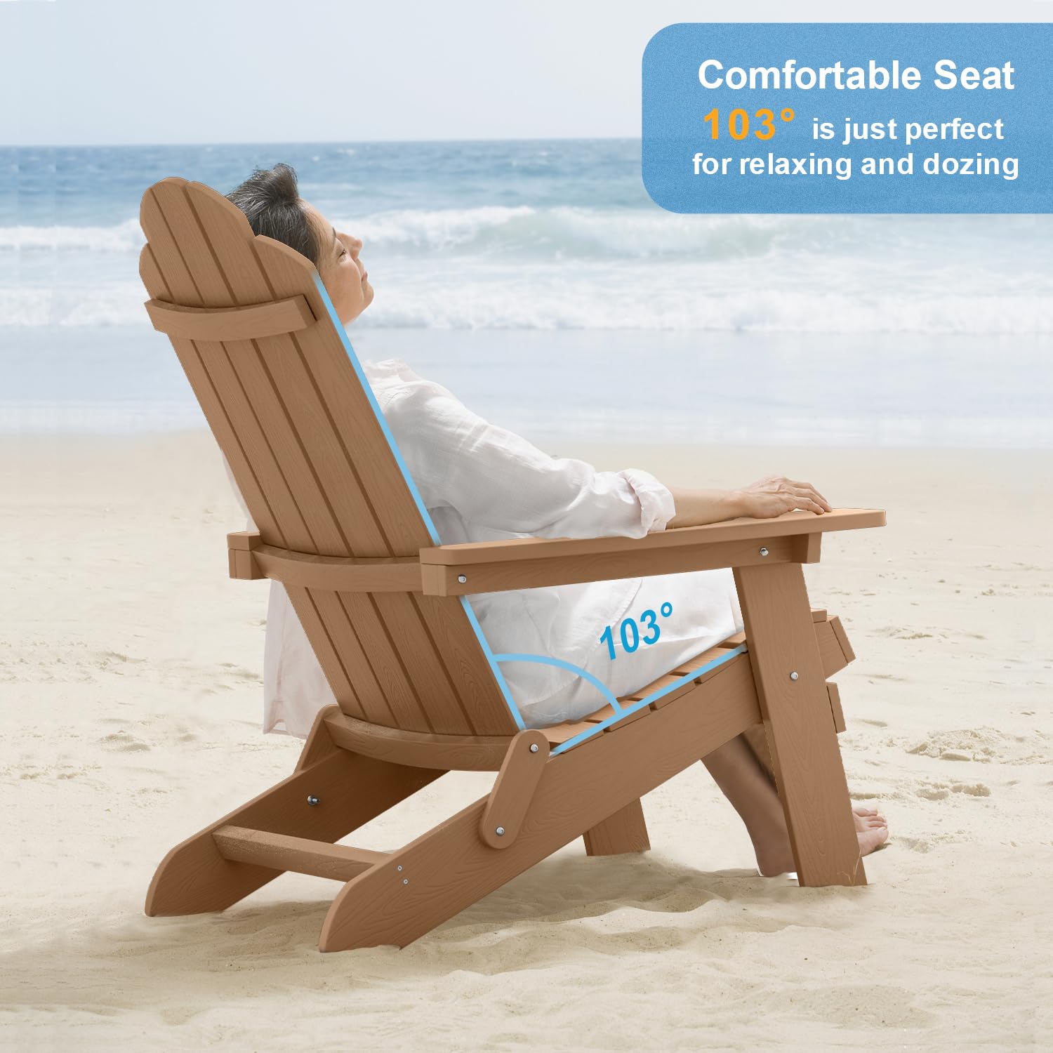 MXIMU Folding Adirondack Chair - Teak Plastic Outdoor Chair for Lawn, Backyard, Deck, Garden & Camping | Fire Pit Seating & Patio Relaxation