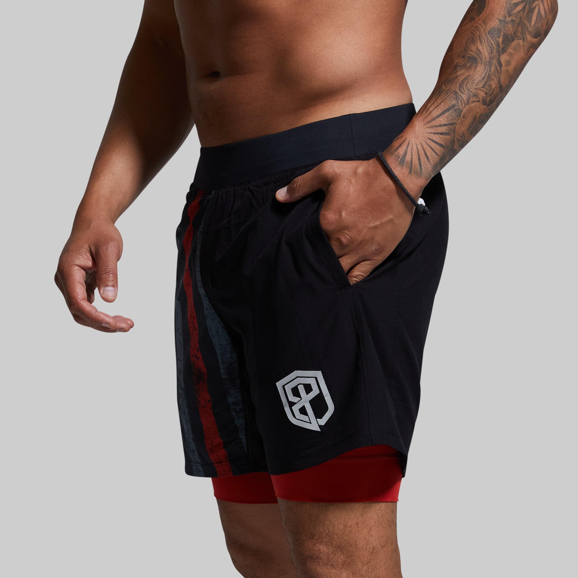 Versatile Compression Shorts for Men - Thin Red Line Gunmetal - Moisture Wicking & Breathable Workout Shorts for Running, Gym & Outdoor Activities
