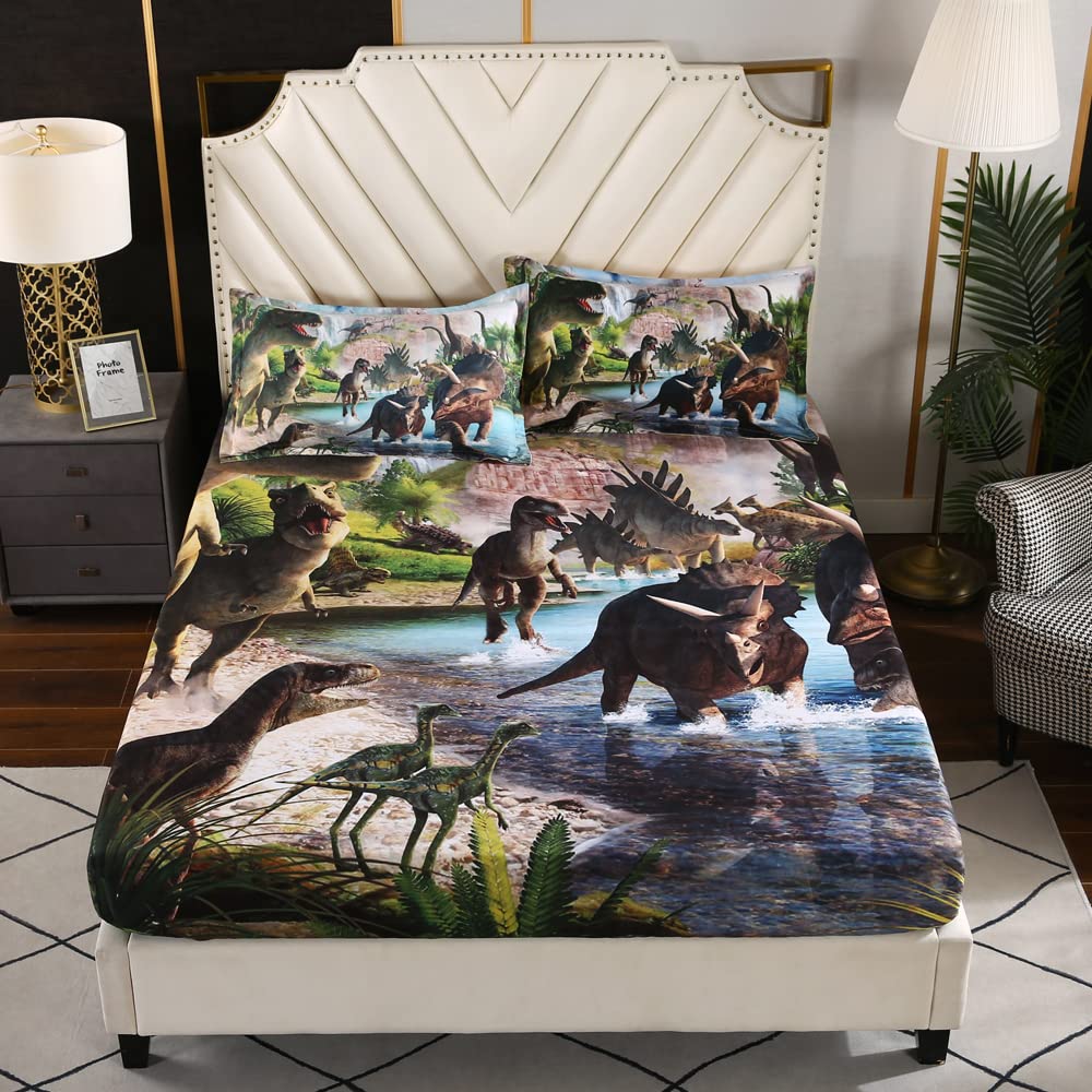 **Cute Dinosaur Fitted Sheet Set for Kids & Teens - Soft, Breathable Twin Bed Sheets with 1 Fitted Sheet & 1 Pillowcase (Brown) - Perfect for Girls' Bedrooms, Sleepovers & Themed Decor**