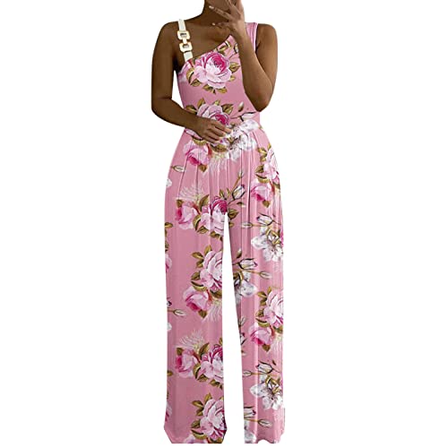 Women's Summer Fashion Print Jumpsuit - High Waist Sleeveless Romper with Strappy Design & Side Zipper (Pink, XL) | Beachwear, Vacation Outfit, Casual Summer Dress