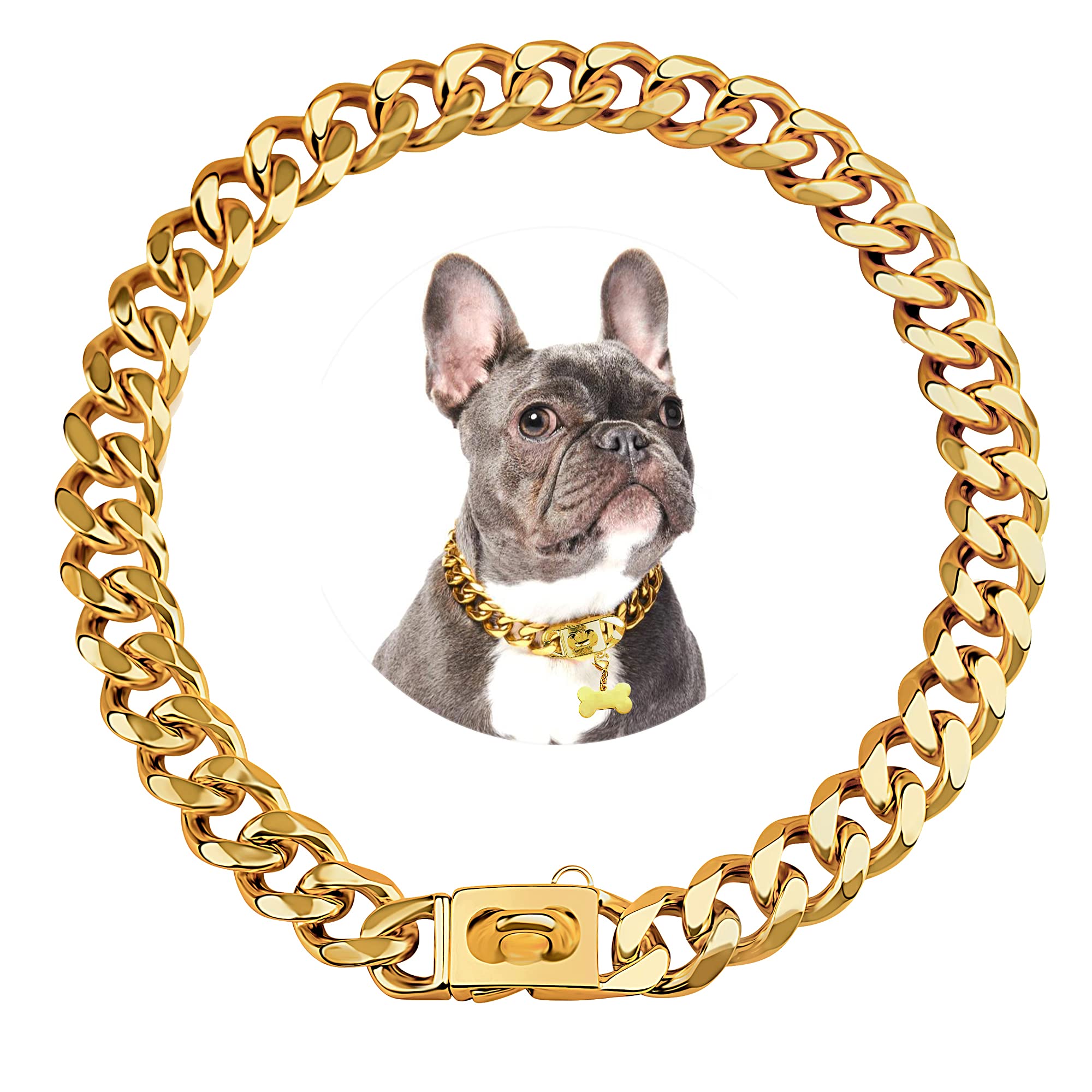 18K Gold Plated Stainless Steel Cuban Link Dog Collar - 19mm Heavy Duty Chew Proof Luxury Dog Chain with Secure Buckle for Medium & Large Dogs - Perfect for Training, Daily Walks & Special Occasions