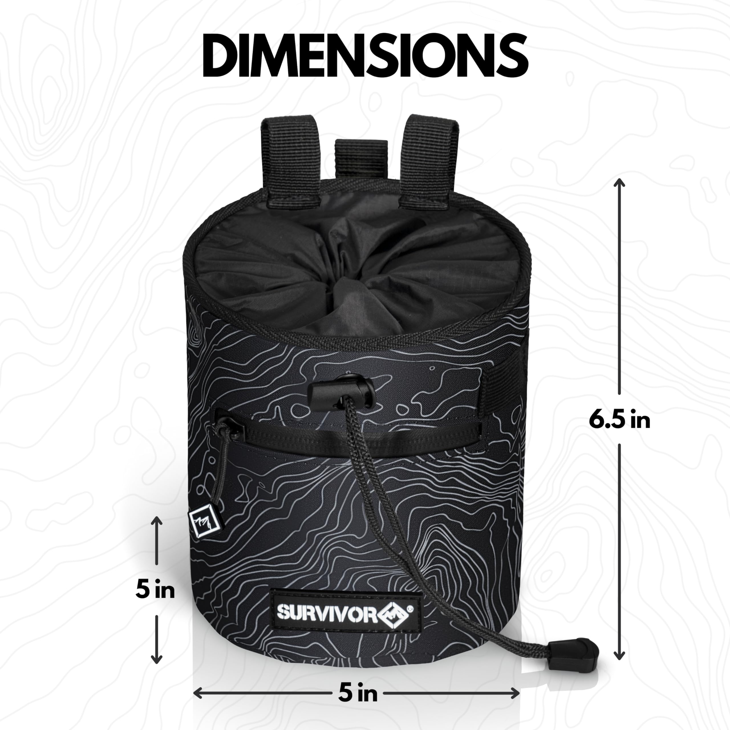 Survivor Chalk Bag for Rock Climbing - Topographic Map Design with Drawstring Closure, 2 Zippered Pockets & Brush Holder - Ideal for Bouldering, Weightlifting, Gymnastics & Workout Training - Perfect for Gym, Outdoor Sports & Fitness Enthusiasts