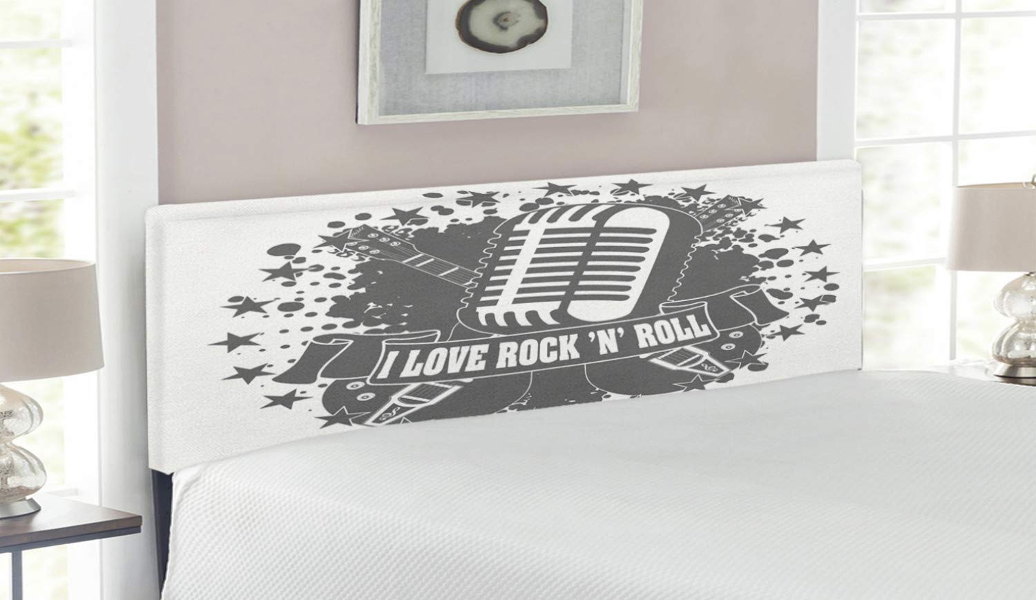 Ambesonne Rock Music Headboard - Retro Microphone & Guitar Design with Stars & Dots, Upholstered Metal Bed Frame with Memory Foam, Queen Size in Grey & White | Perfect for Music Lovers' Bedroom Decor & Rock Theme Rooms