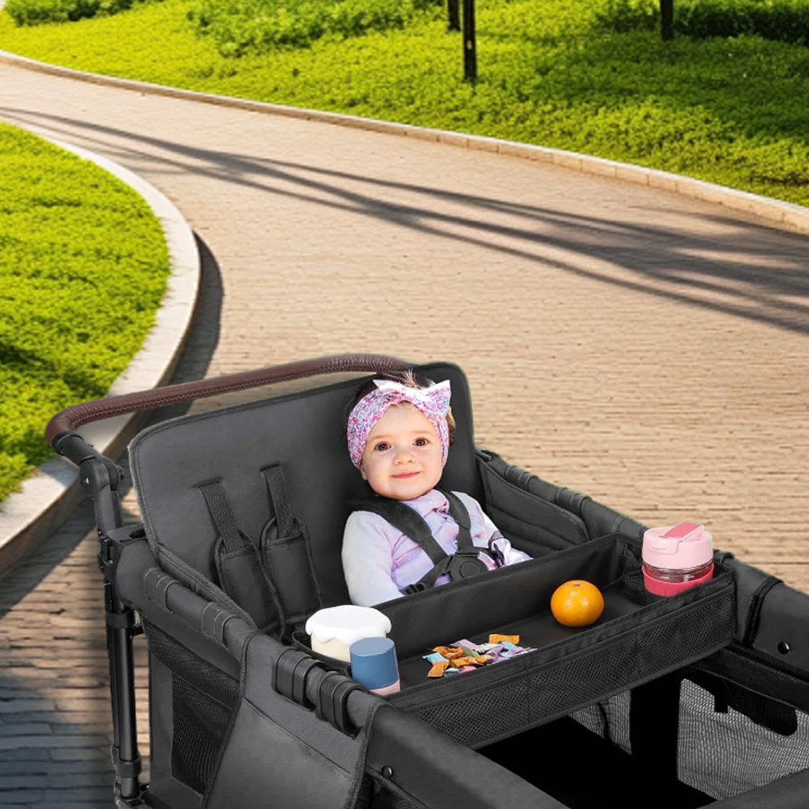 Baby Stroller Tray Organizer with Cup Holders & Mesh Pockets - Waterproof Faux Leather Snack Tray for Toddlers | Perfect for Snacks, Drinks & Toys During Walks, Park Visits & Road Trips