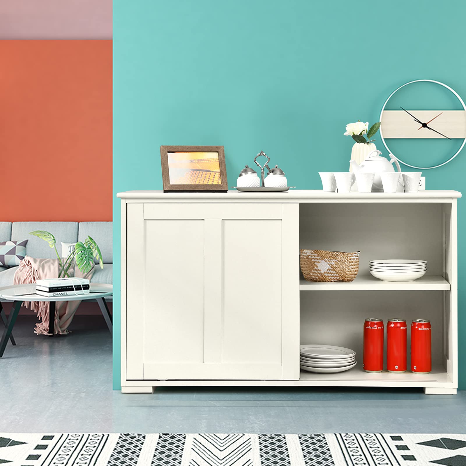 Costzon Wooden Sideboard Buffet Cabinet with Adjustable Shelf & Sliding Barn Door - Kitchen Storage, Coffee Bar Console Table for Living Room, Dining Room & Hallway - Perfect for Home Organization & Entertaining (White)