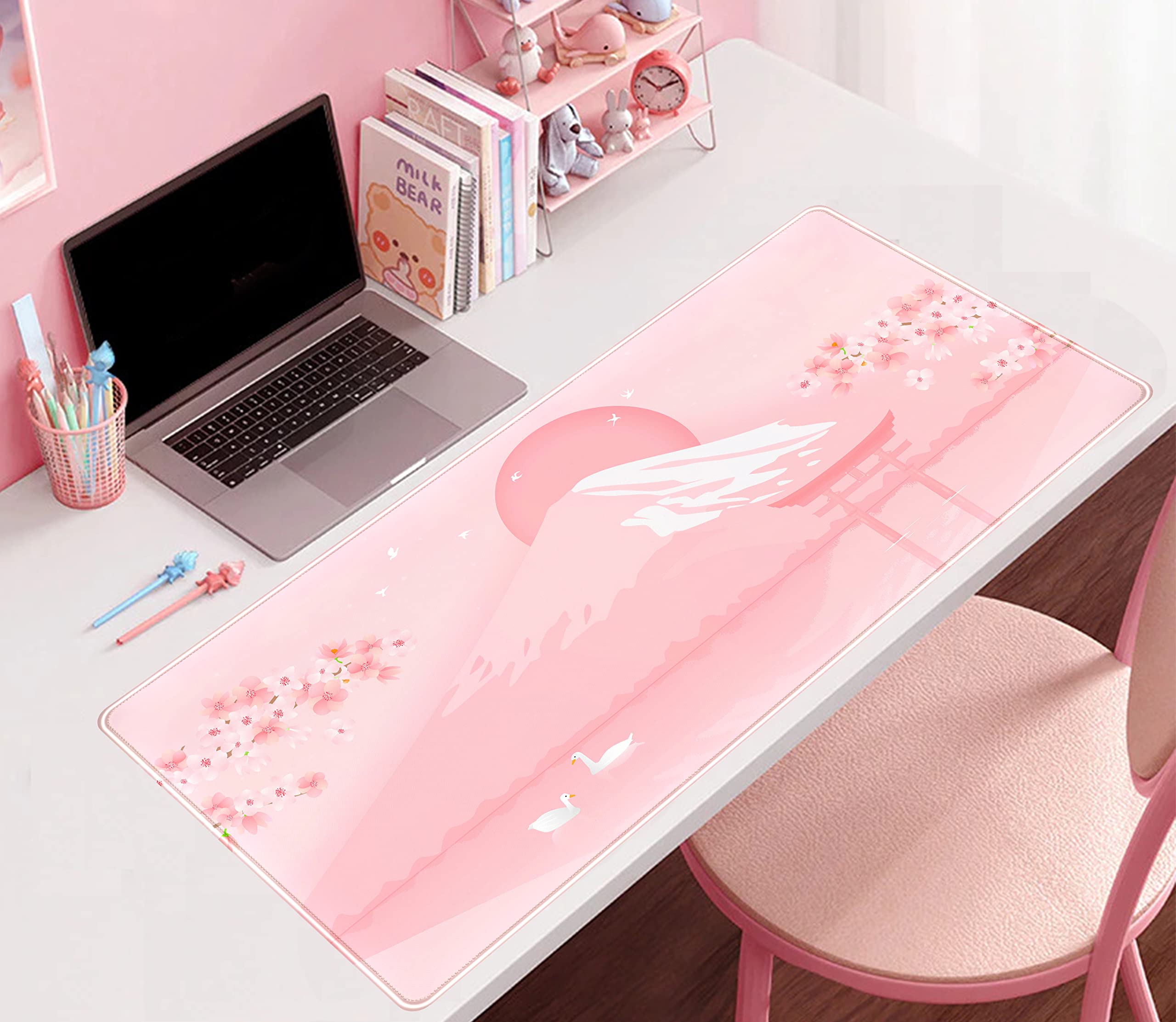 Cherry Blossom Mouse Pad - Kawaii Pink Floral Desk Mat with Japanese Sakura Design, Large XXL Gaming Mousepad (31.5