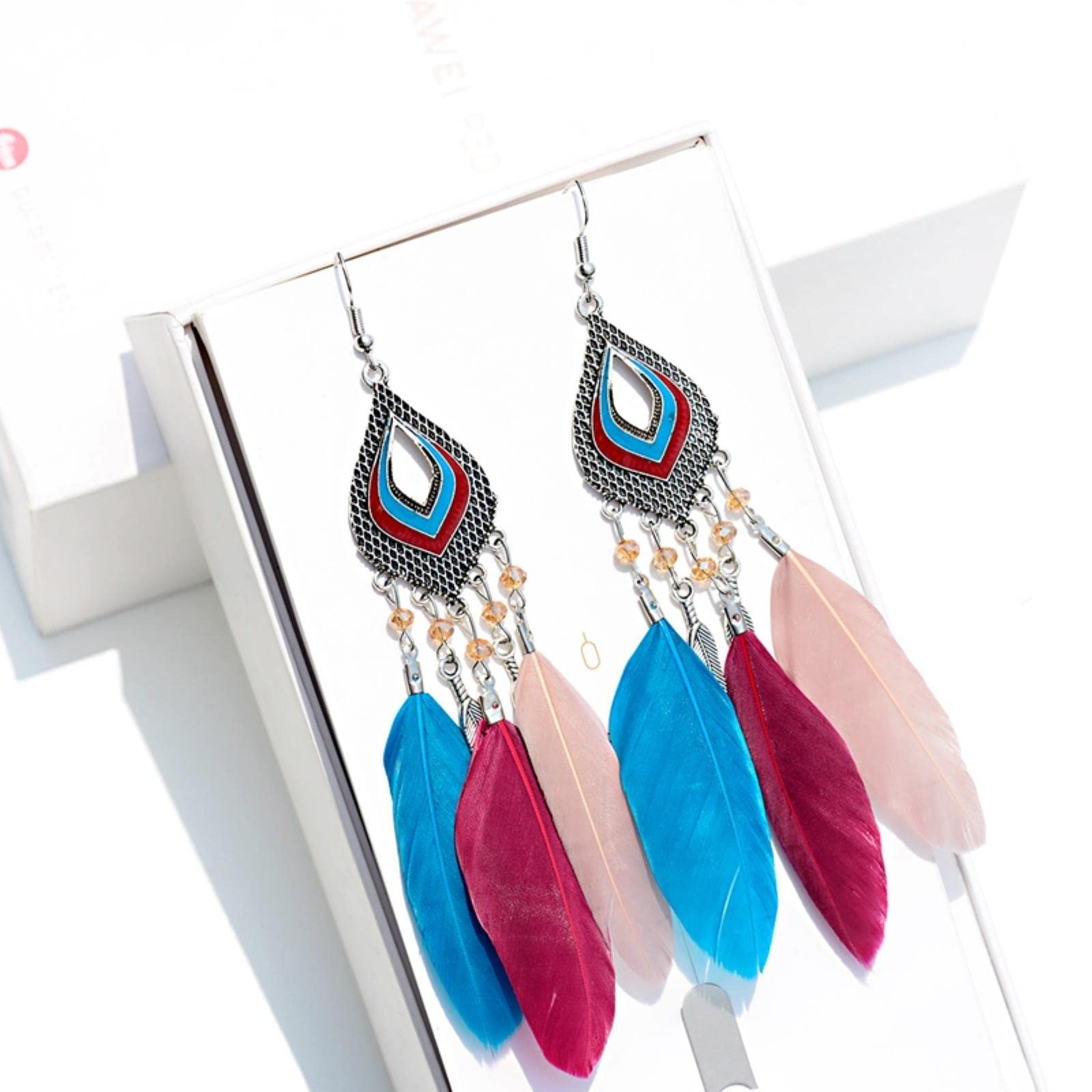 YNAHWT Elegant Yellow Long Feather Dangle Earrings - Silver Tone Bohemian Beach Jewelry for Wedding, Party & Special Occasions