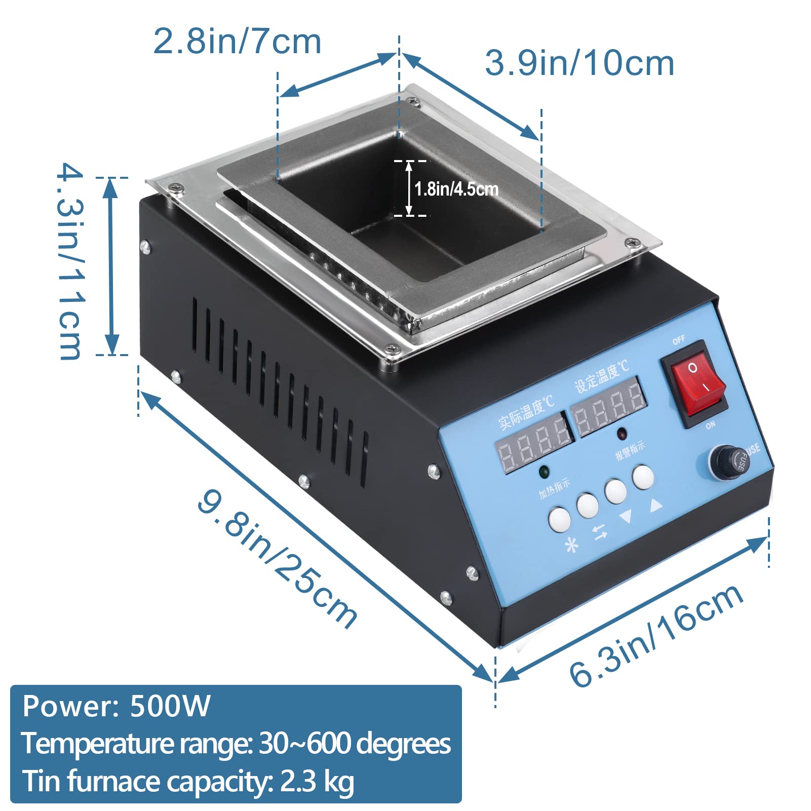 Lead-Free Titanium Solder Pot with Double Digital Display - 2.3kg Capacity, 500W, 30~600°C Temperature Range - Perfect for Electronics Repair, Jewelry Making, and DIY Welding Projects
