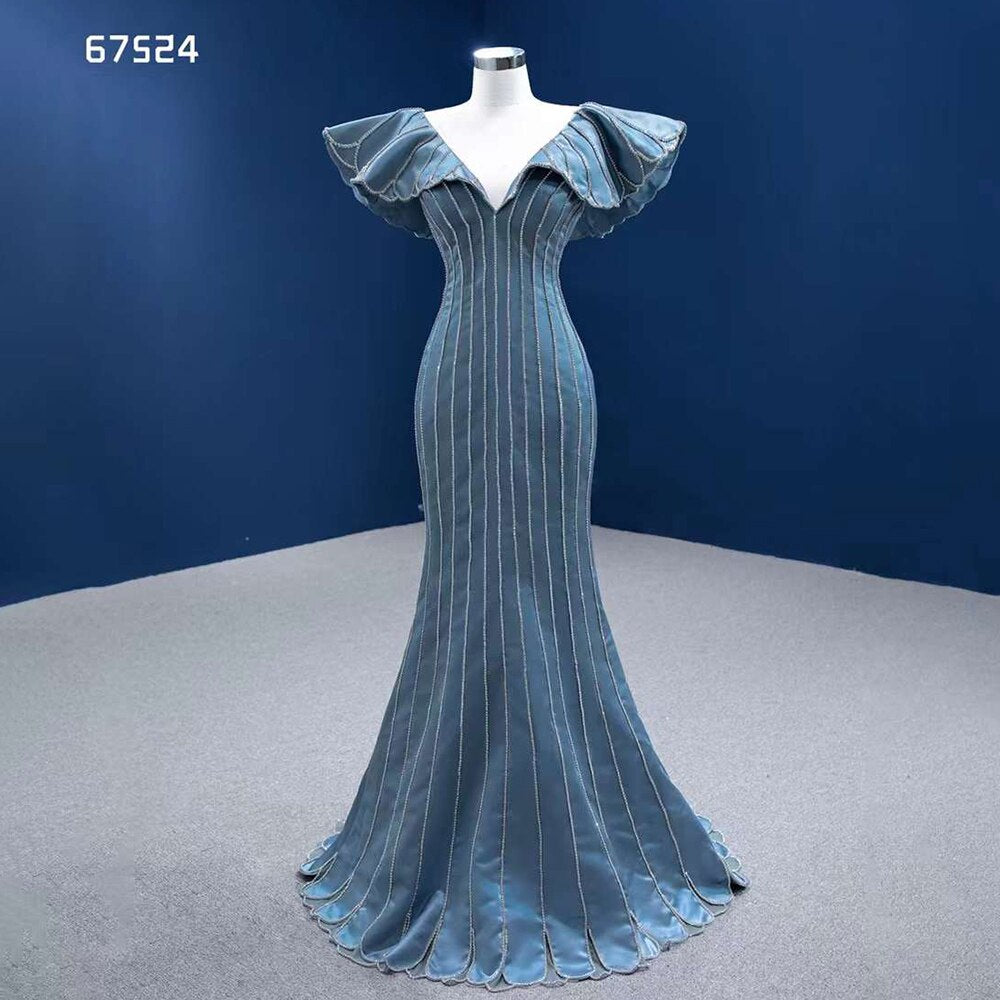 Elegant Blue Mermaid Evening Gown with Beaded V-Neck - Luxury Custom Made Women's Party Dress for Special Occasions | Perfect for Weddings, Galas & Formal Events