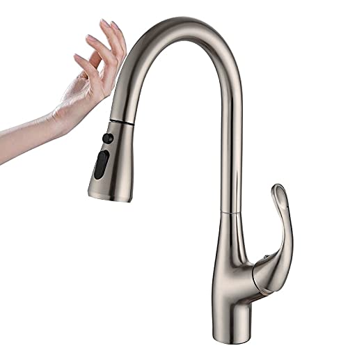OMOONS Commercial Brass Pull-Out Smart Sensor Touch Kitchen Faucet - Brushed Nickel Finish, Farmhouse & Bar Sink Tap with Motion-Activated Water Flow - Perfect for Busy Restaurants, Home Kitchens & Outdoor Bars