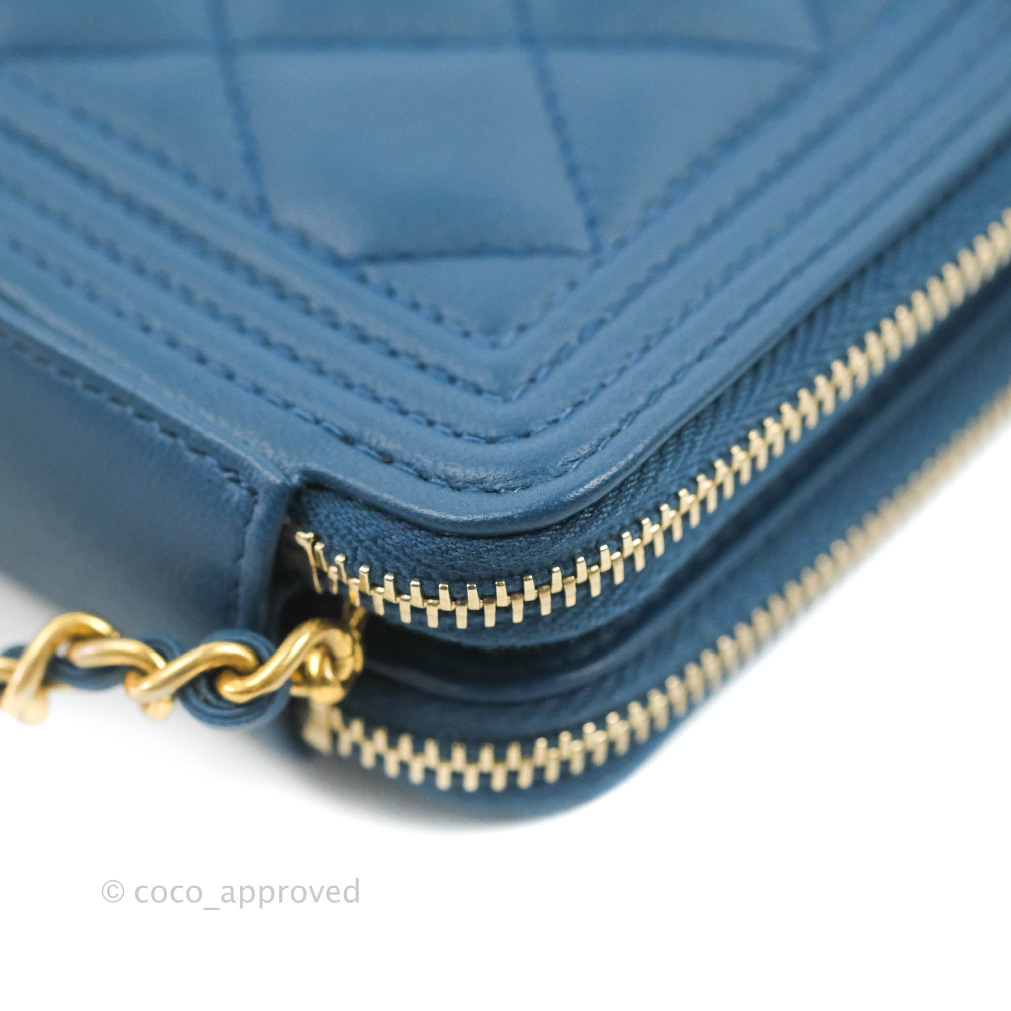 Chanel Boy Double Zip Clutch On Chain - Blue Lambskin Leather with Aged Gold Hardware - Luxury Crossbody Bag for Women, Perfect for Evening Parties & Date Nights