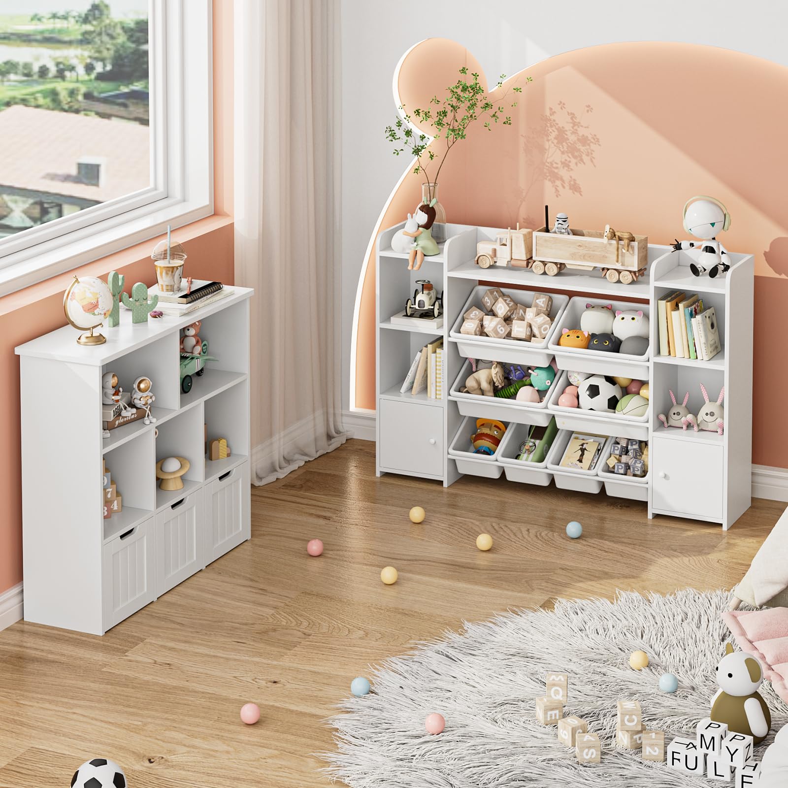 FOTOSOK 55-Inch Large Kids Toy Storage Organizer with 8 Bins & 6 Cubbies - Sturdy Bookshelf & Playroom Organization System for Toys, Books & Games - Perfect for Nursery, Daycare or Playroom (White)