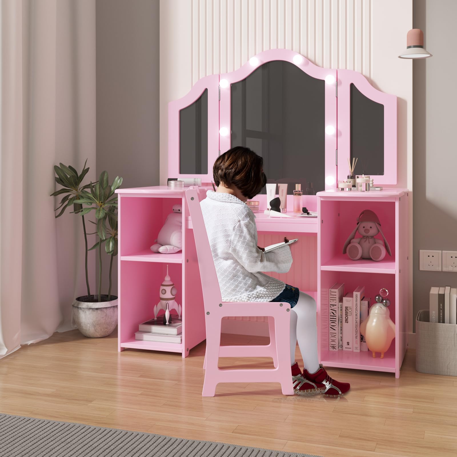 Princess Makeup Vanity Table Set for Girls - Wooden Dressing Table with Touch Light, Detachable Tri-Folding Mirror & Open Storage Shelves - Pretend Play Kids Vanity Desk & Chair for Toddlers - Perfect for Bedroom Decor, Birthday Gifts & Role Play Activities