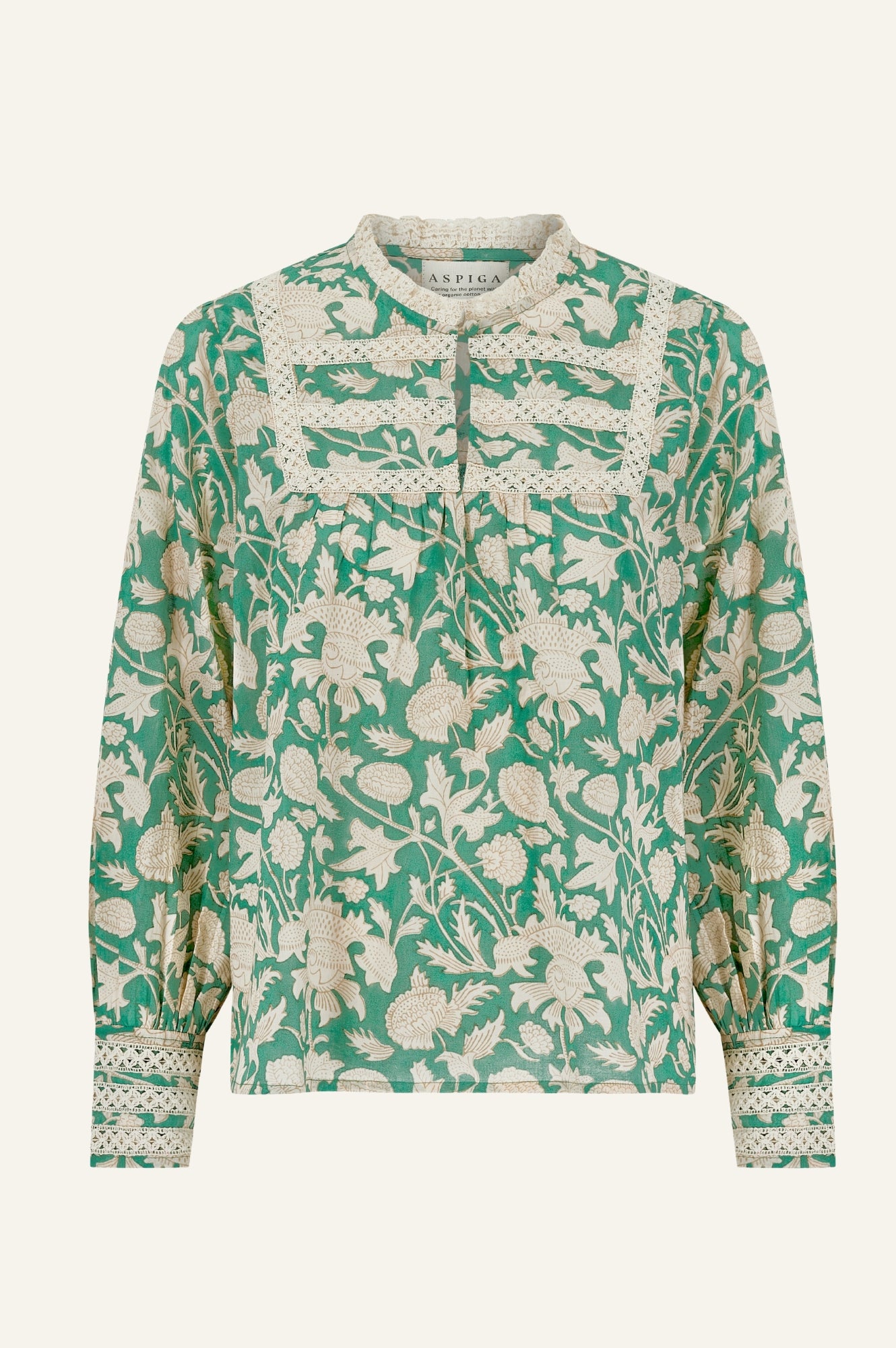 Margot Block Print Blouse - Floral Embroidered Women's Top in Tea Rose Green & Taupe | Boho Chic Shirt for Casual Wear, Office Outfits & Summer Vacation