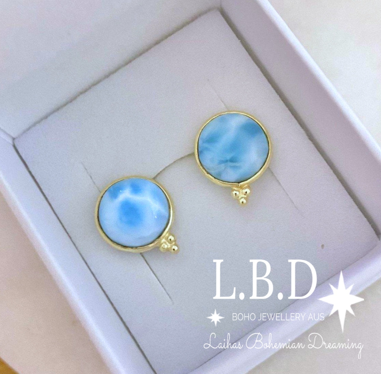 Laihas Free Spirit Gold Larimar Stud Earrings for Women - Genuine Larimar Stone Jewelry - Perfect for Everyday Wear, Gift Giving & Boho Fashion