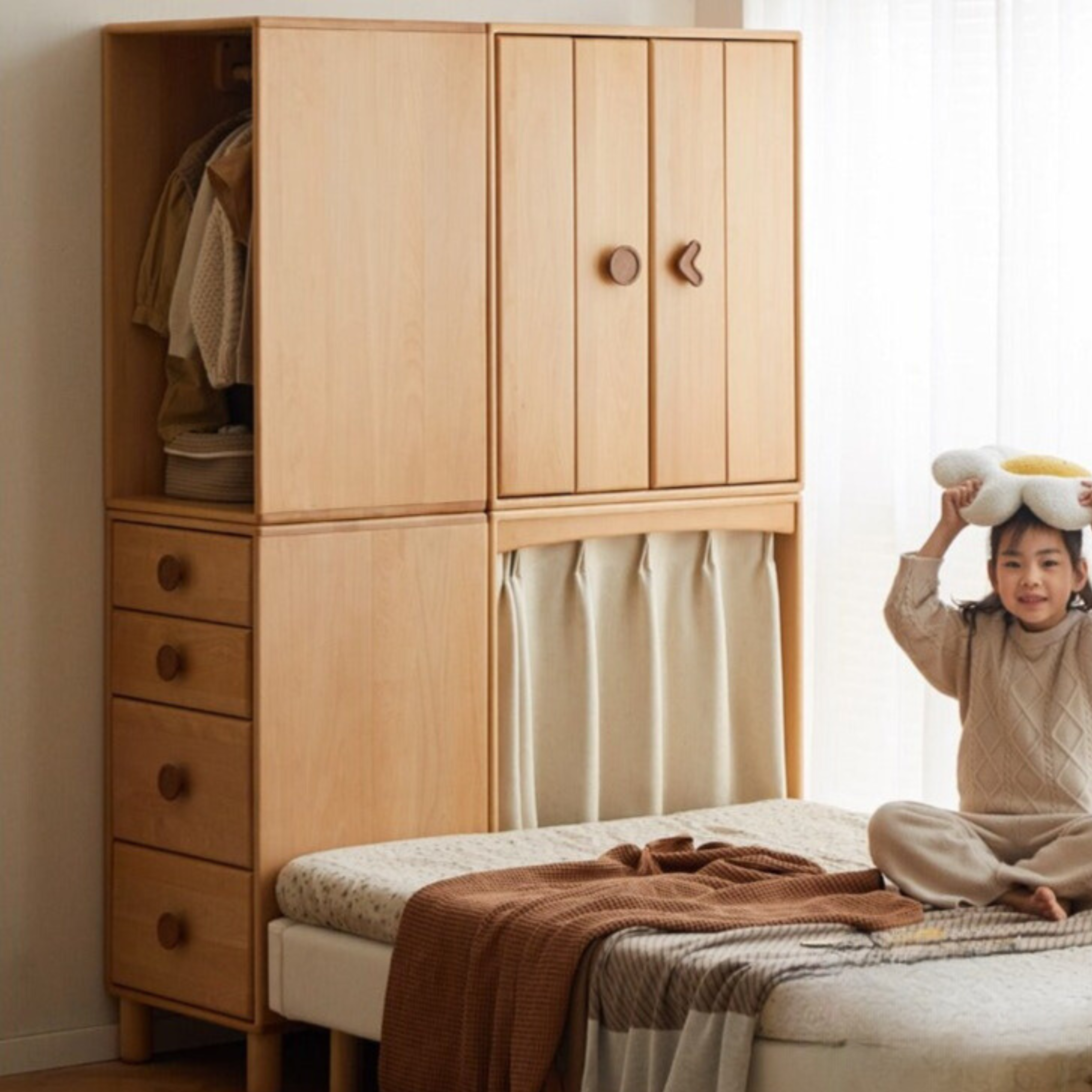 Solid Wood Beech & Rubber Kids Wardrobe - Multi-Functional Storage Cabinet for Bedroom, Nursery, and Playroom Organization
