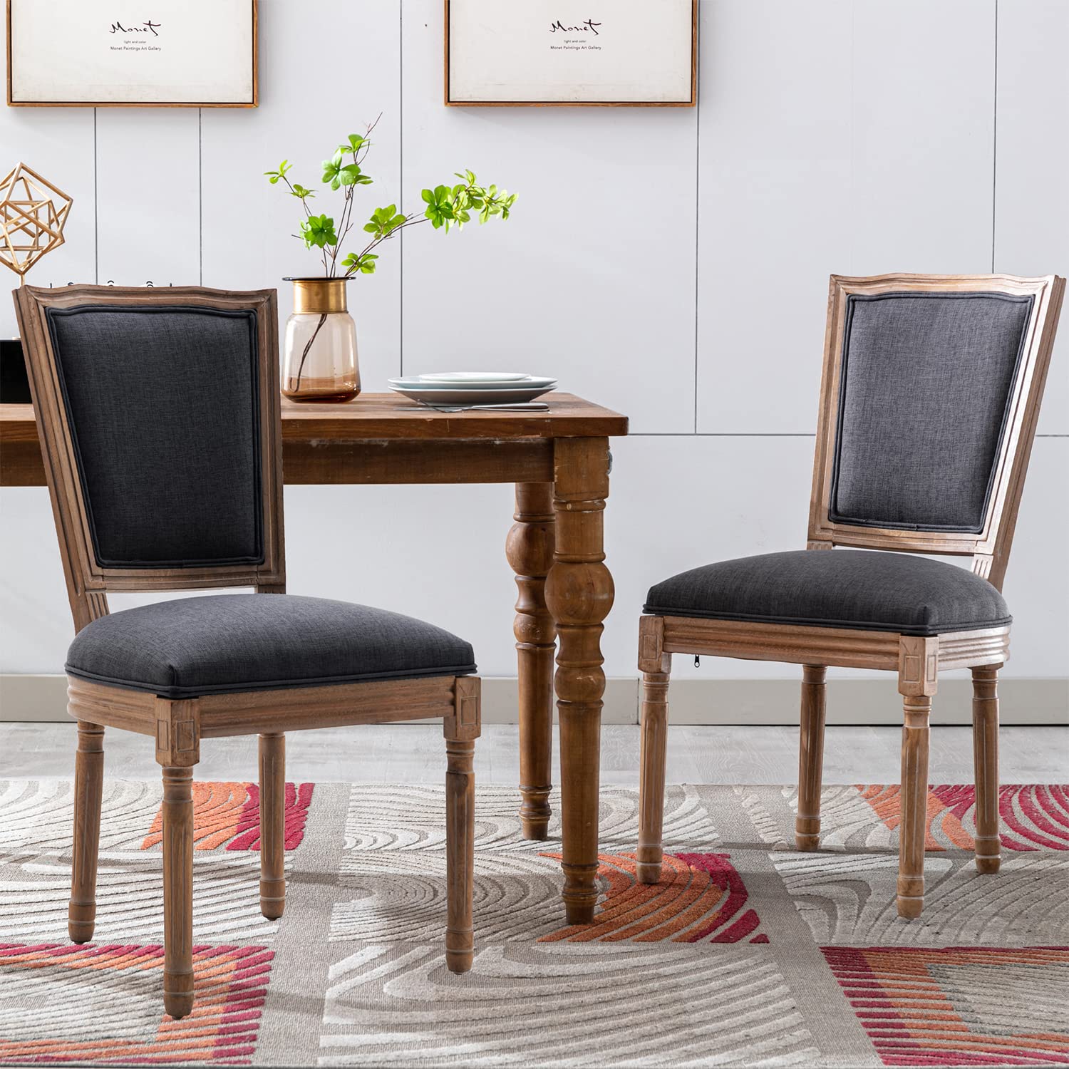 Nrizc Farmhouse Dining Chairs Set of 2 - French Country Bistro Chairs with Square Back & Brown Wood Legs - Dark Grey Upholstered Seats for Dining Room, Kitchen, Living Room or Restaurant Decor - Perfect for Farmhouse, Cottage & Vintage Style Homes