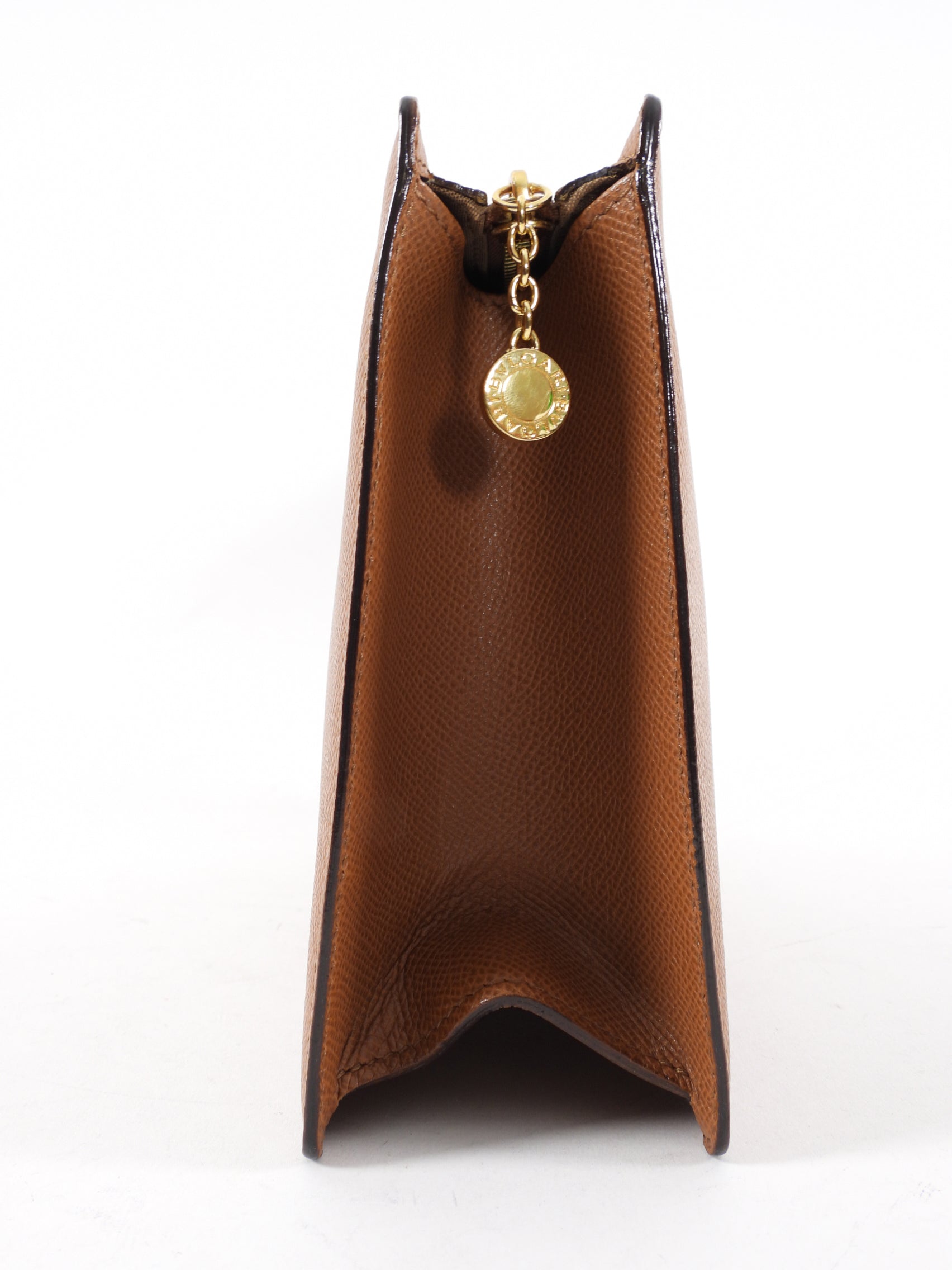Bvlgari Cognac Brown Leather Travel Pouch - Luxury Zip Toiletry Bag for Men & Women - Perfect for Travel, Gym, and Everyday Essentials