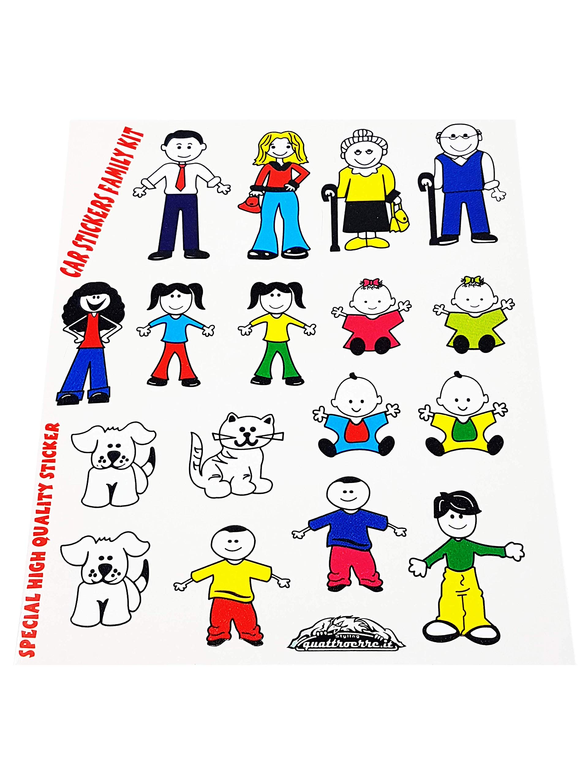 Quattroerre 1201 Family Car Stickers Kit - Fun Decals for Kids, Parents & Pets - Perfect for Family Road Trips, Vacations & Daily Commutes