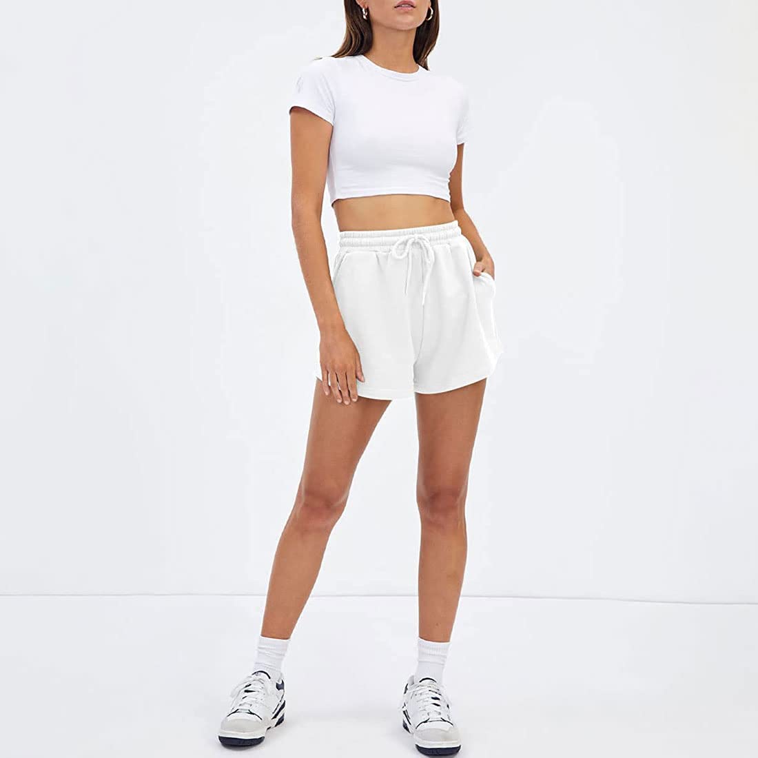 **ASHER FASHION Women's High Waist Athletic Shorts - Elastic Drawstring Summer Running Shorts with Pockets - Comfortable for Workout, Yoga & Casual Wear**