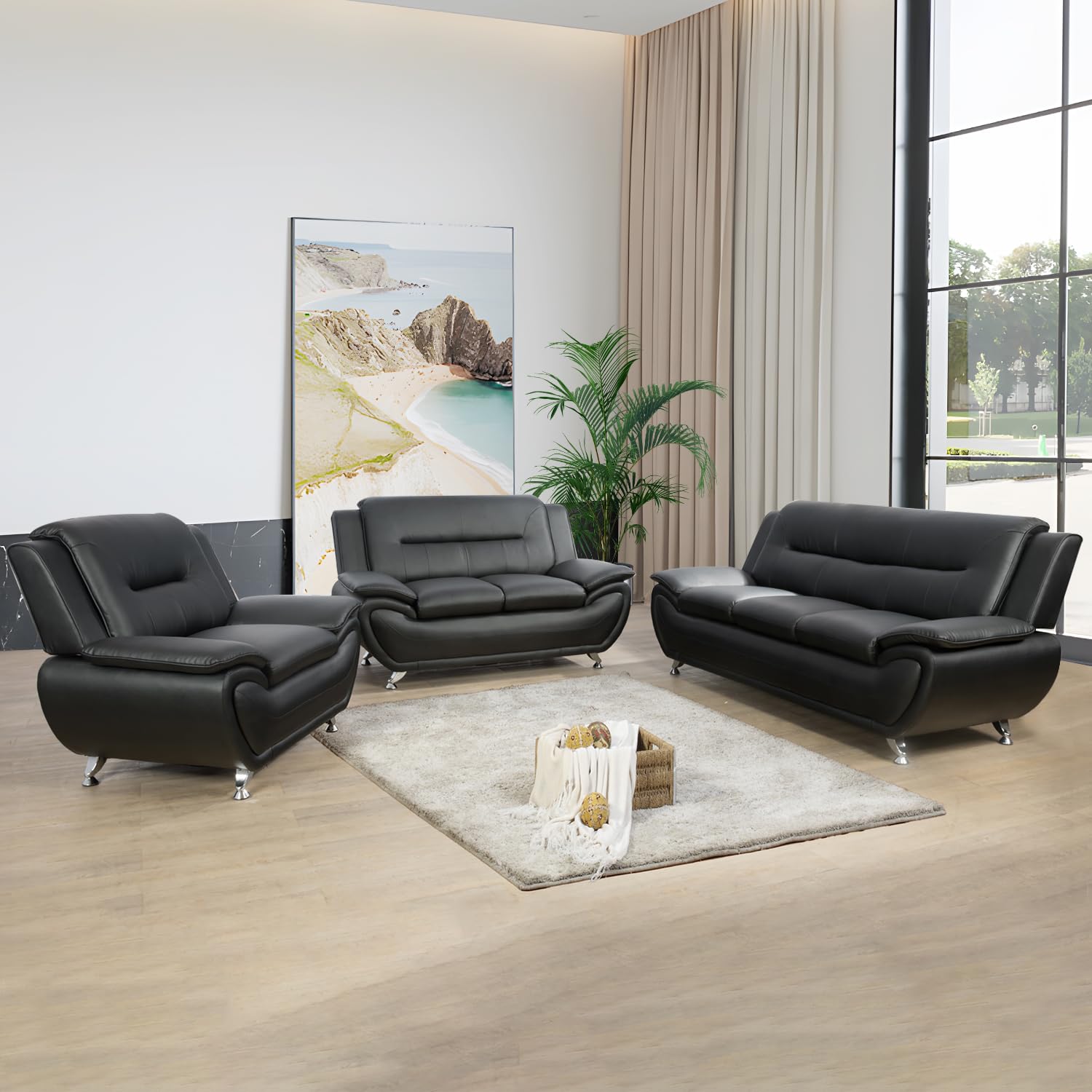 Modern 3-Piece Faux Leather Sofa Set - Black Living Room Furniture for Apartment, Office & Home | Comfortable Sectional Couch for Entertaining, Relaxing & Small Spaces