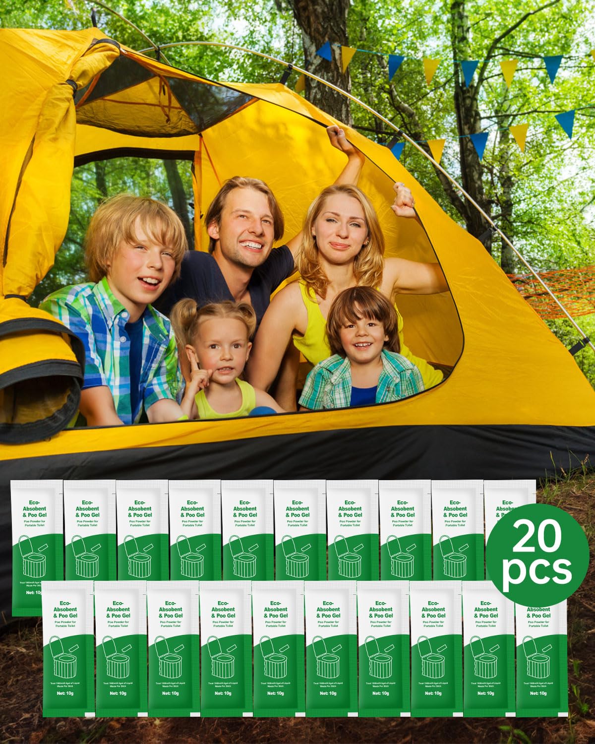 **20 Pack Portable Toilet Gel for Camping & Hiking – Biodegradable Poo Gel Powder for Portable Toilets, Emergency & Outdoor Use – Ideal for RV, Travel, and Survival Kits**