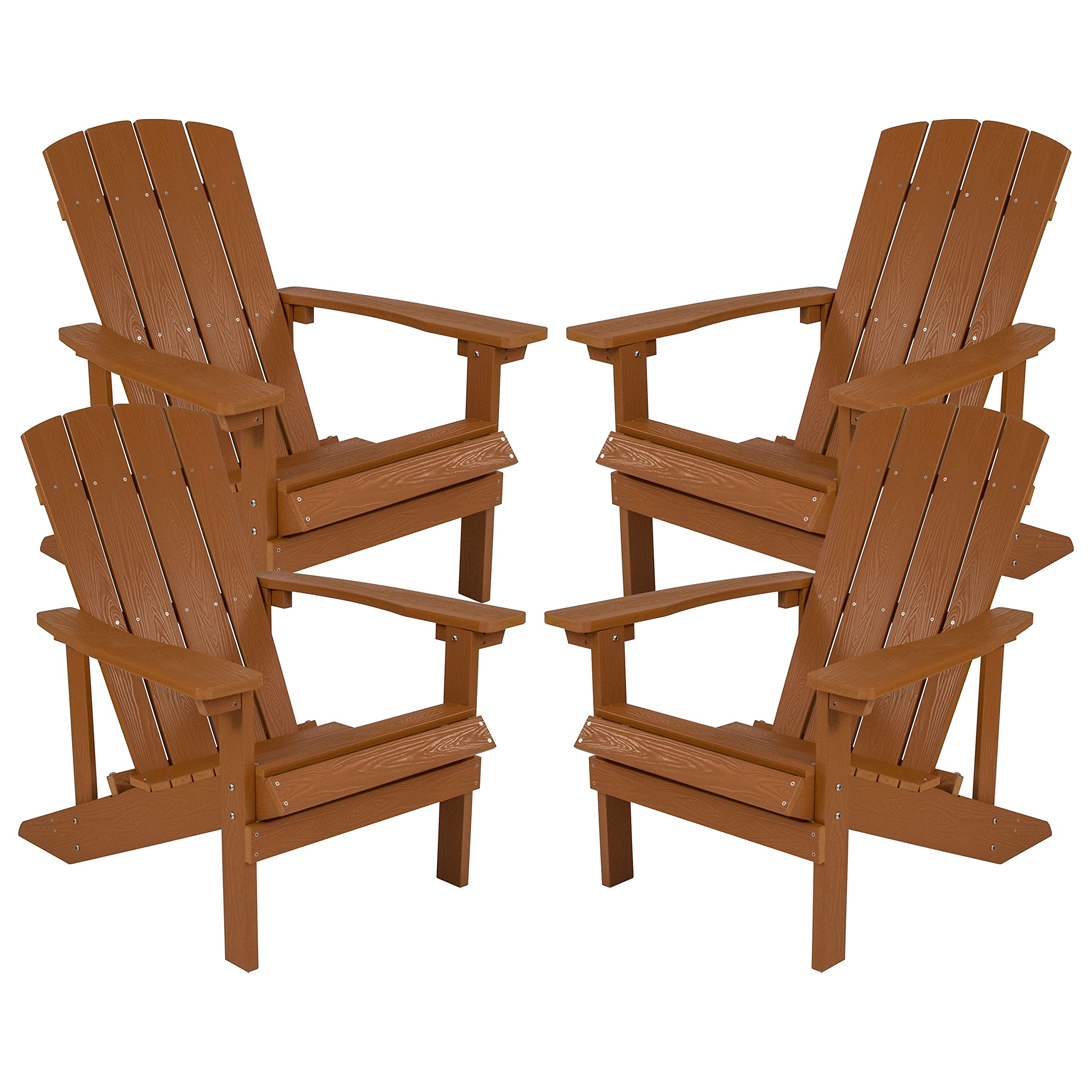 Flash Furniture Charlestown 4-Piece Teak Poly Resin Adirondack Chair Set - All-Weather Indoor & Outdoor Patio Furniture - Perfect for Backyard, Garden, Poolside, and Deck Relaxation