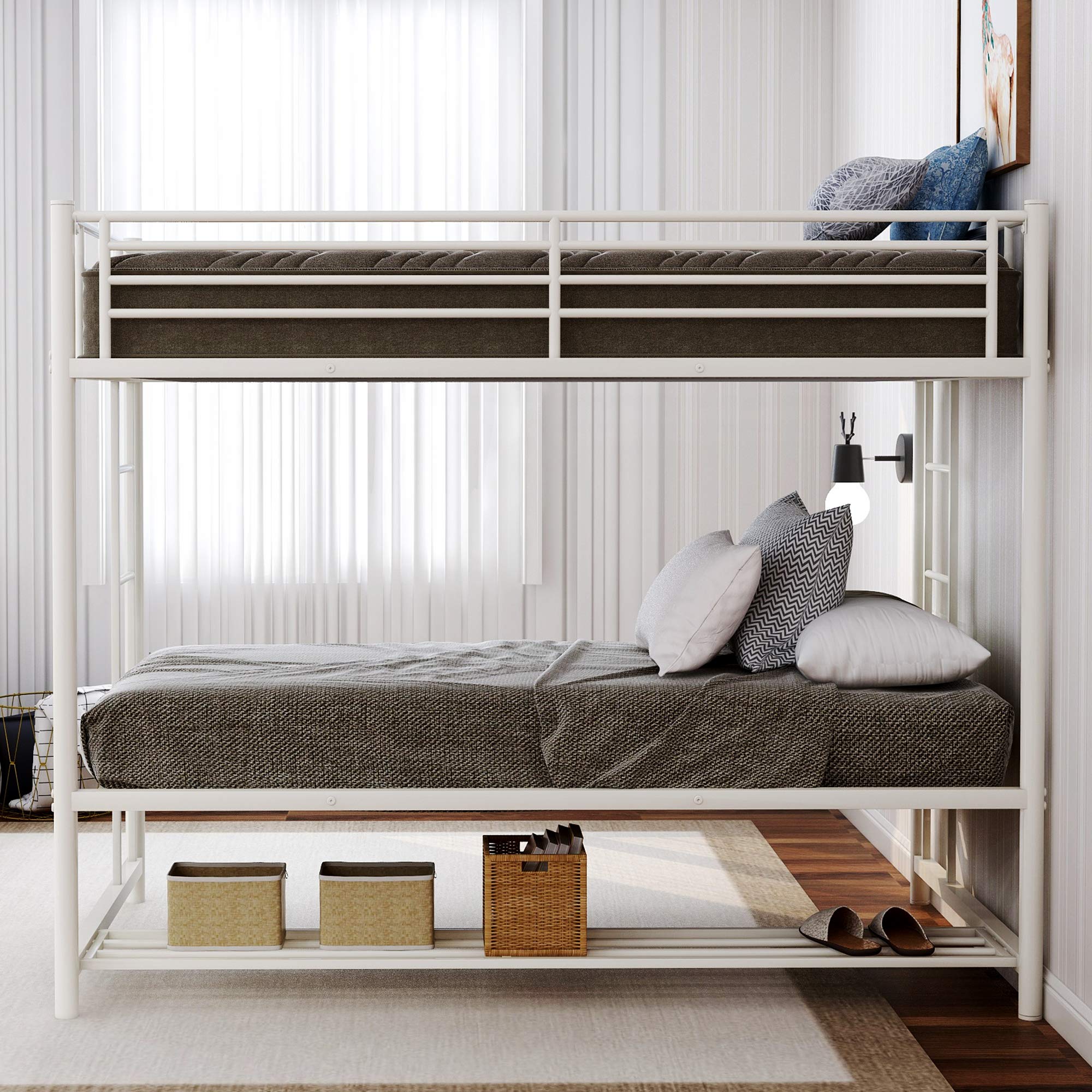 Twin Over Twin Bunk Bed with Storage Shelf - Space Saving Metal Bunk Bed with Built-in Storage for Kids, Teens & Adults - Perfect for Small Bedrooms, Guest Rooms & Dormitories - White