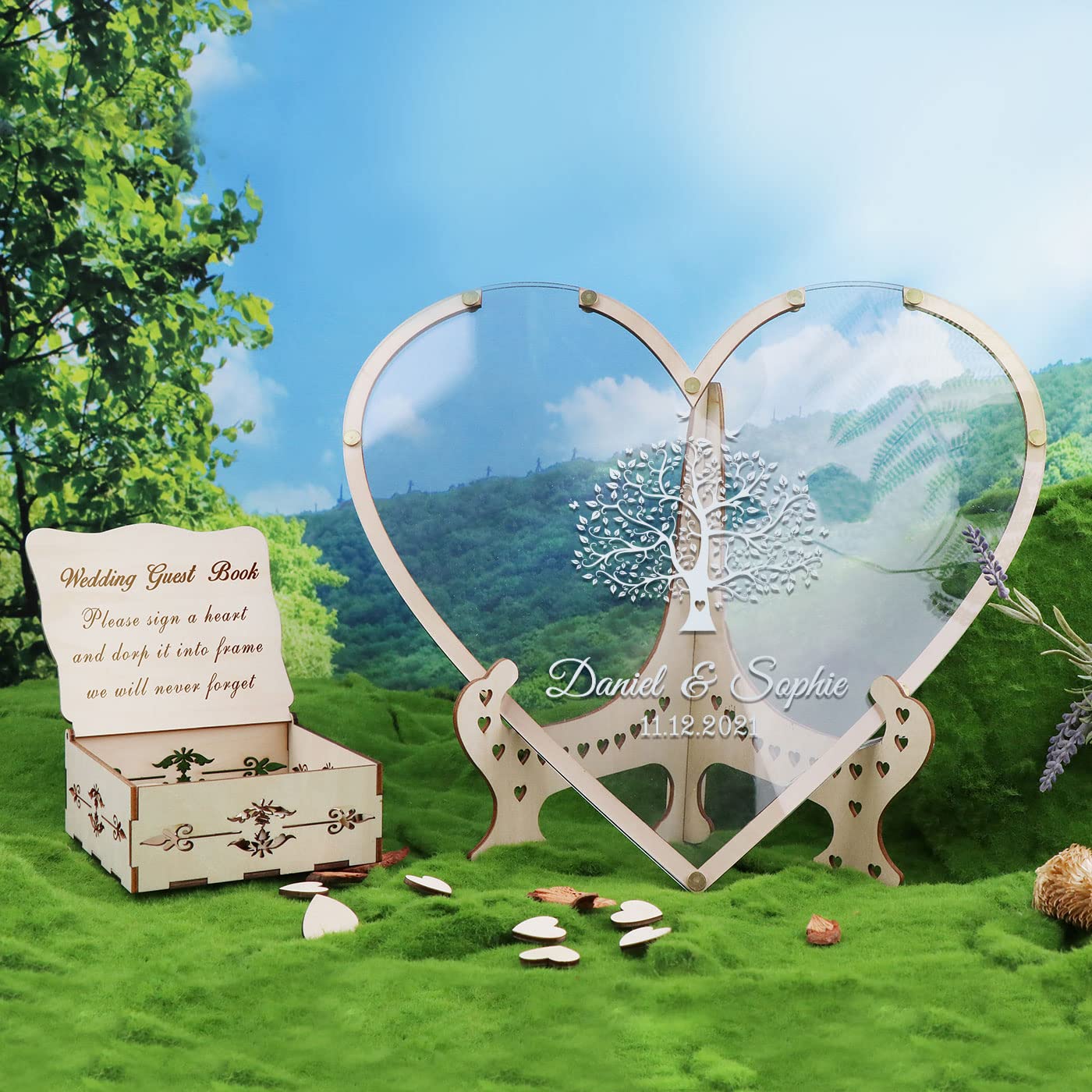 Personalized Tree Heart Drop Guest Sign with Box & Small Hearts - Rustic Wedding Guest Book Alternative for Weddings, Anniversaries & Birthdays | Perfect for Rustic Decor, Reception Keepsake & Special Event Memories (Style8, Heart)