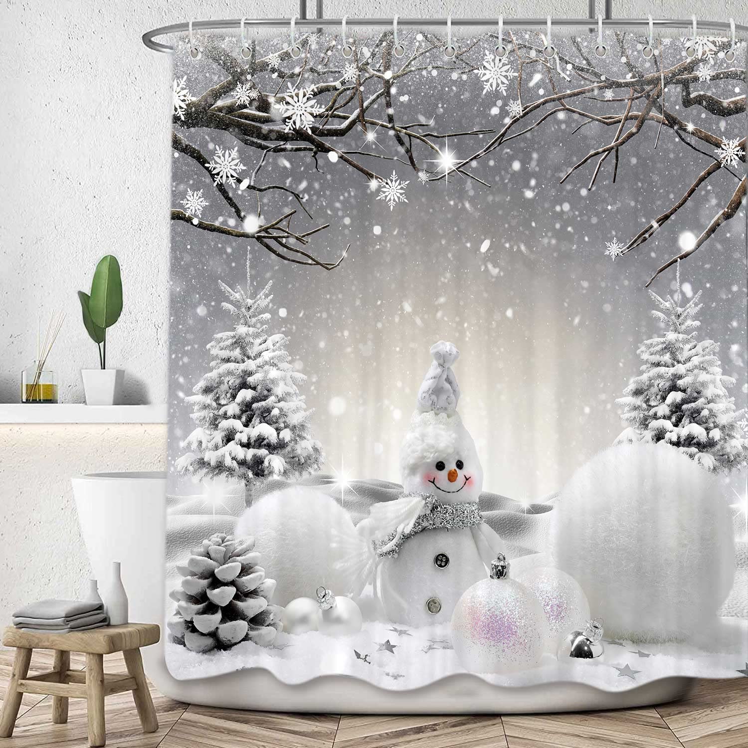 Grey Snowman Shower Curtain Set - 72x72 Inch Winter Snowflake Christmas Bathroom Decor with Hooks | Waterproof Fabric Shower Curtain for Holiday Home Decor, Kids' Bathroom & Seasonal Restroom Accessories