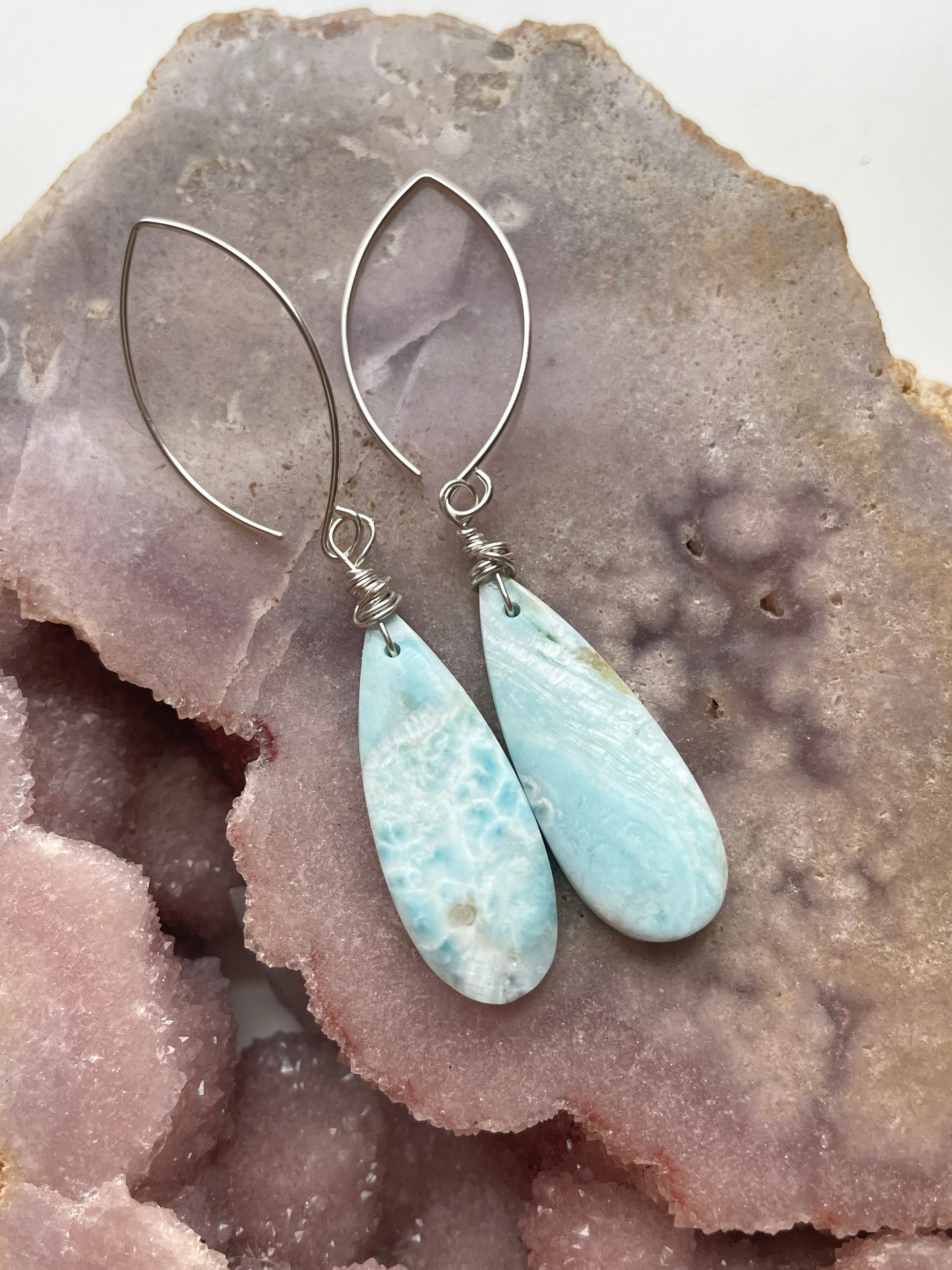 Long Larimar Earrings Dangle Sterling Silver – Handmade Blue Gemstone Jewelry for Women | Perfect for Weddings, Parties & Everyday Elegance