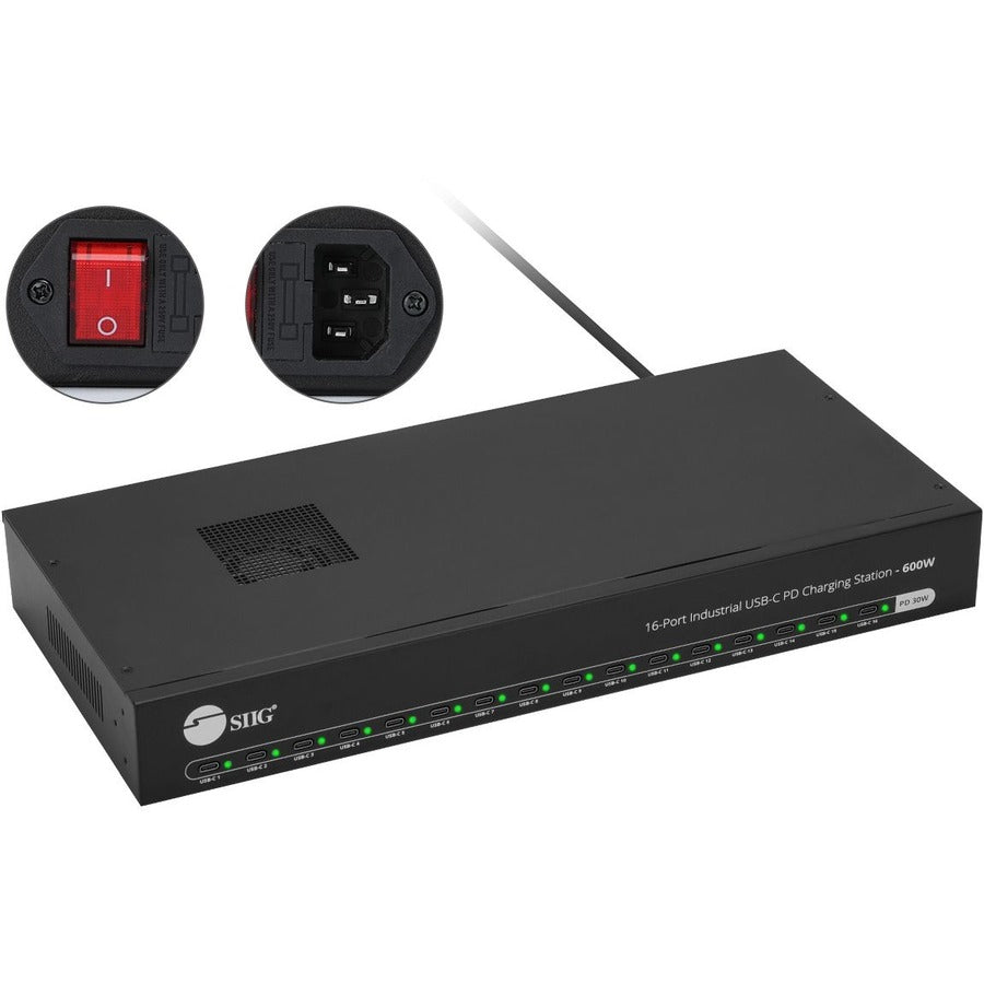 16 Port Industrial USB C PD Charging Station 600W - SIIG Industrial Grade Power Hub for Multiple Devices - Perfect for Offices, Warehouses, and Workshops