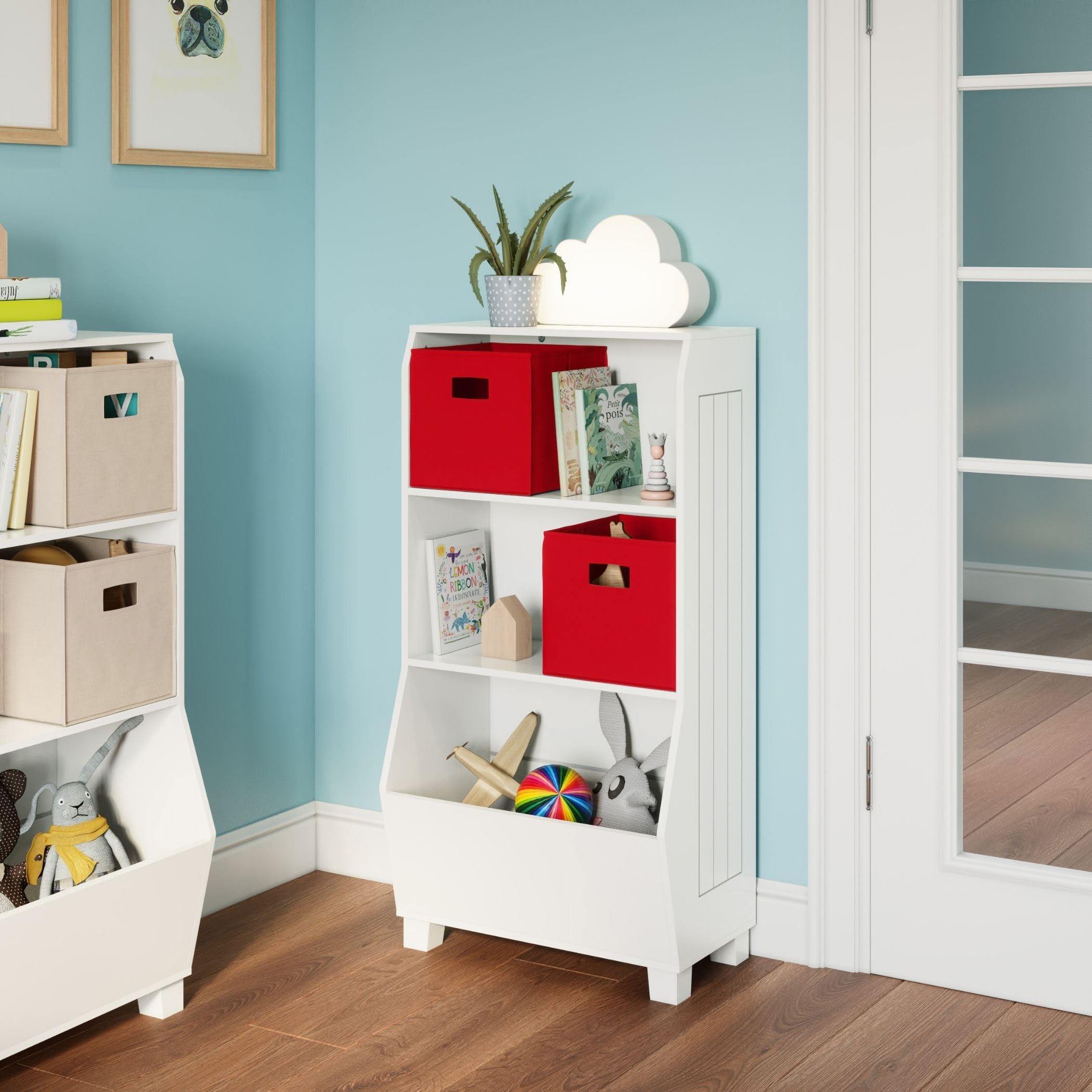 RiverRidge Kids Bookshelf with 2 Open Shelves & 2 Red Fabric Bins - Multifunctional Toy Organizer & Book Storage with Deep Veggie Bin - Perfect for Nursery, Playroom & Classroom Organization
