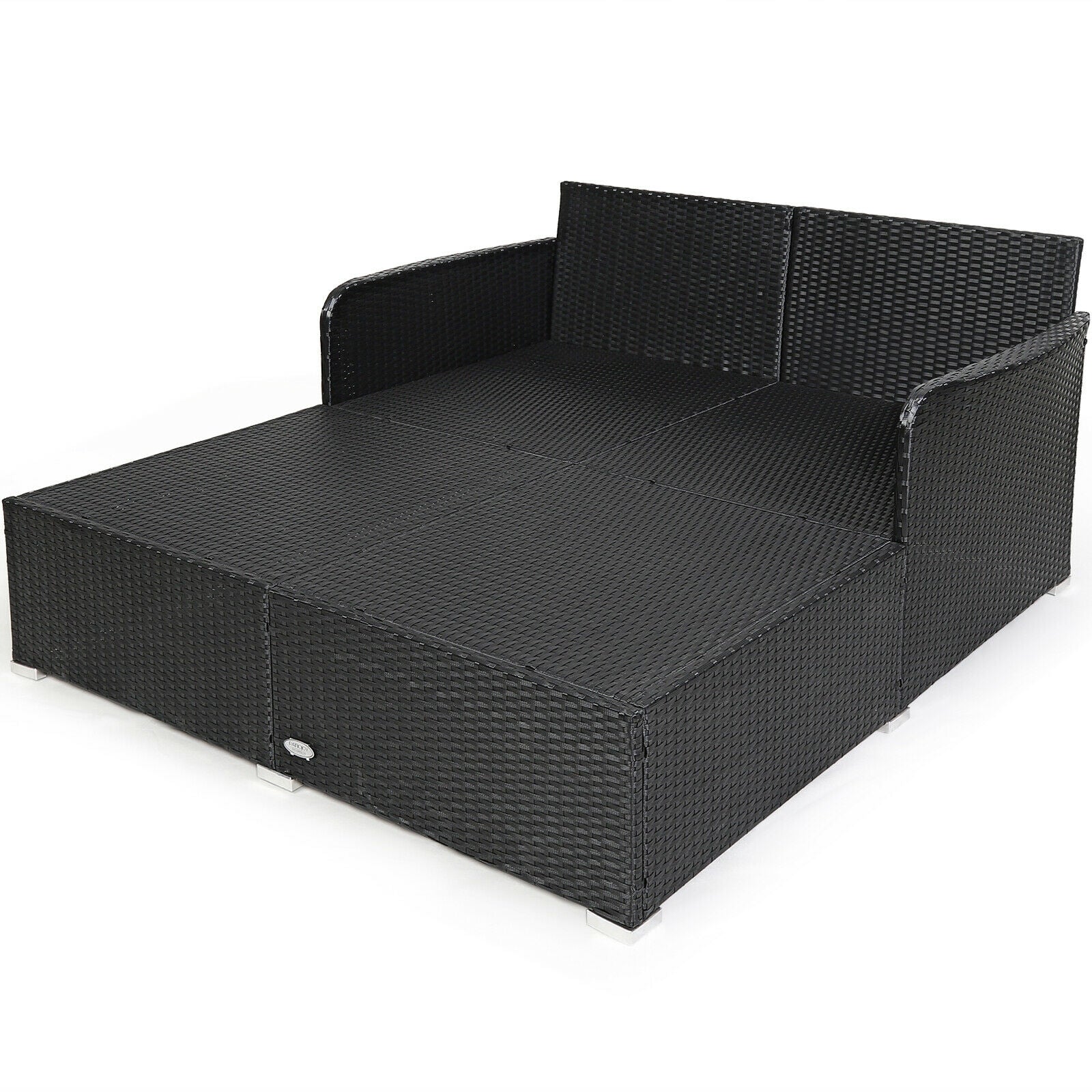 **Spacious Outdoor Rattan Daybed with Upholstered Cushions & Turquoise Pillows – Perfect for Patio, Poolside, or Garden Relaxation**