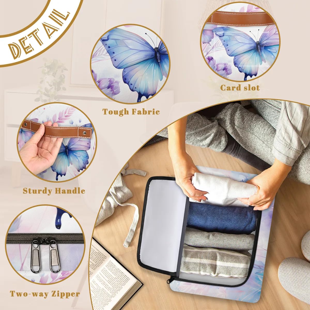 Beautiful Butterfly Storage Boxes with Sturdy Handles & Zipper Lids - 2 Pack Organizer for Clothes, Toys, Blankets | Perfect for Kids' Room, Nursery, and Home Organization