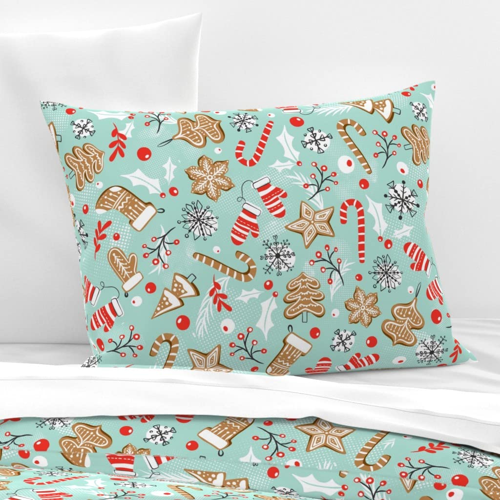 Custom Cotton Sateen Sham Standard Size - Gingerbread Dreams Aqua Baking Christmas Holiday Cookies Retro Print Pillowcase | Perfect for Holiday Bedding, Christmas Decor & Cozy Winter Home Styling