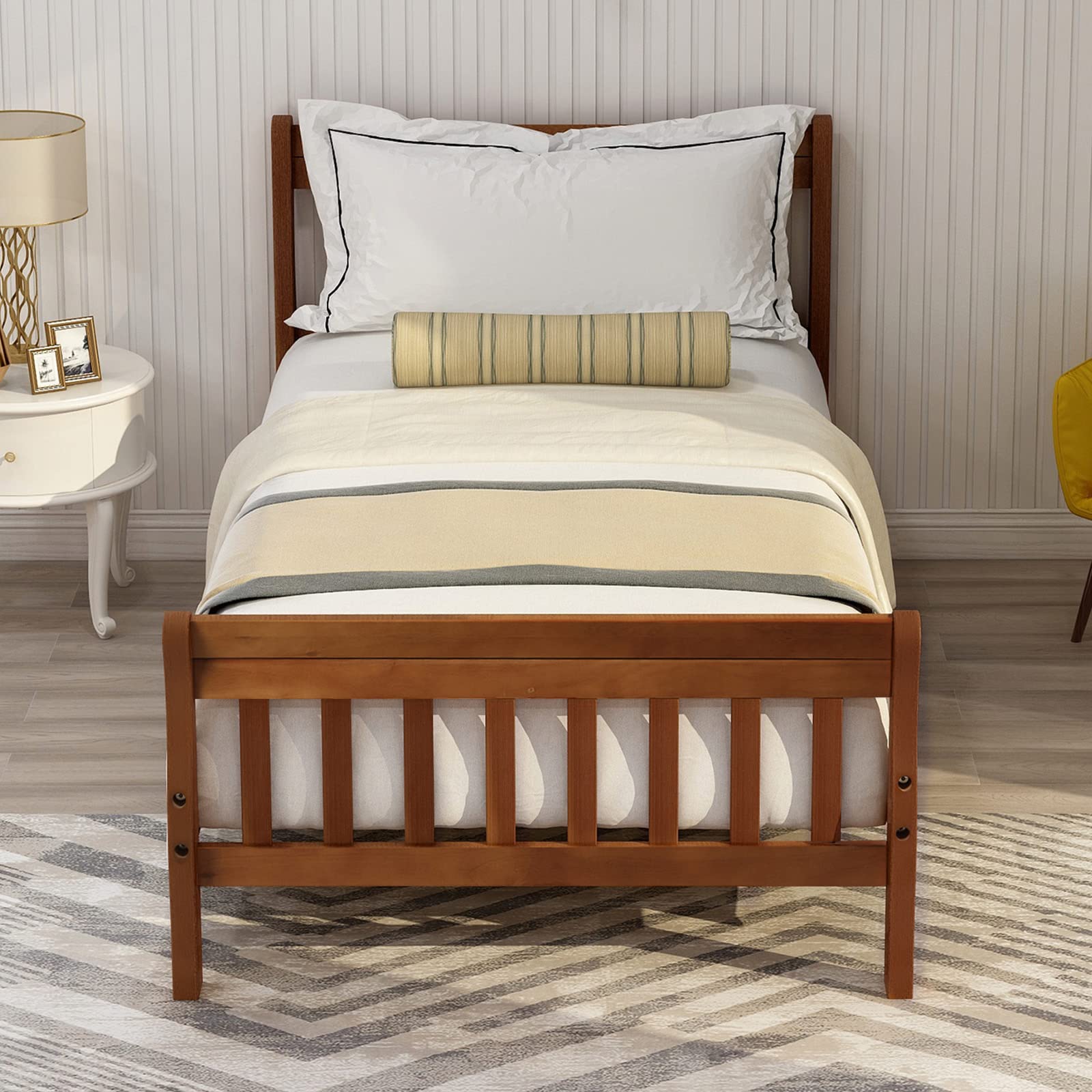 Harper & Bright Designs Modern Wood Twin Size Sleigh Bed for Kids - Sturdy Platform Bed Frame with Headboard & Footboard, Wood Slat Support (No Box Spring Needed) - Perfect for Kids' Bedrooms, Guest Rooms & Small Spaces