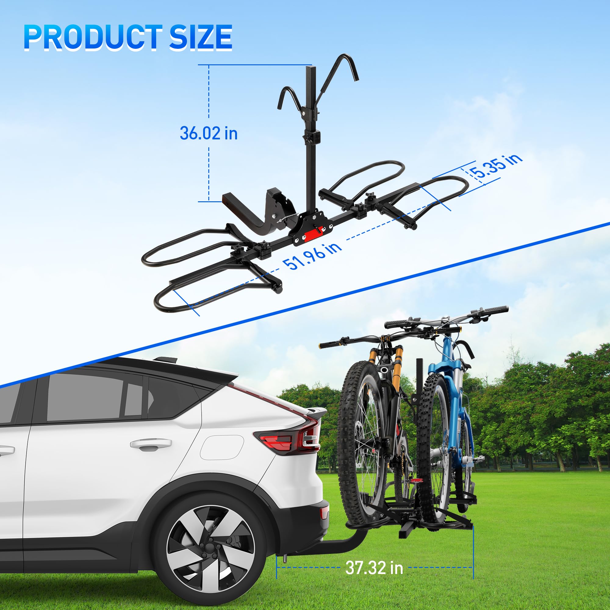 Rengue 2-Bike Hitch Bike Rack - Anti Wobble Smart Tilting Folding Design, 160 lbs Capacity for Standard/Fat Tire/Electric Bikes - 2-Inch Receiver - Perfect for Road Trips, Camping & Outdoor Adventures
