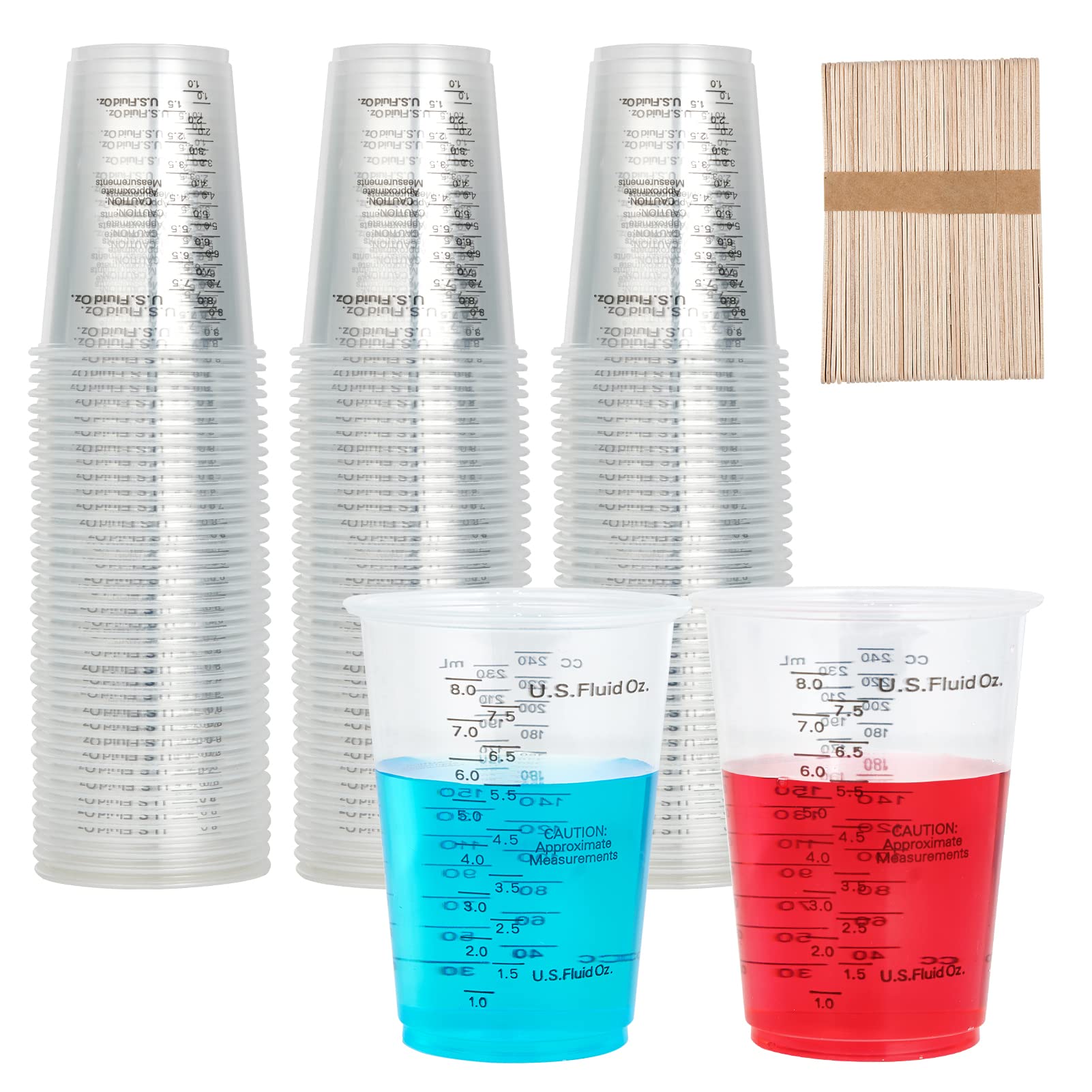 200-Pack 8oz Plastic Measuring Cups with 100 Wooden Mixing Sticks | Disposable Epoxy Resin Mixing Cups for Liquid Measurement, Paint, Cooking & Baking | Perfect for DIY Crafts, Kitchen & Art Projects