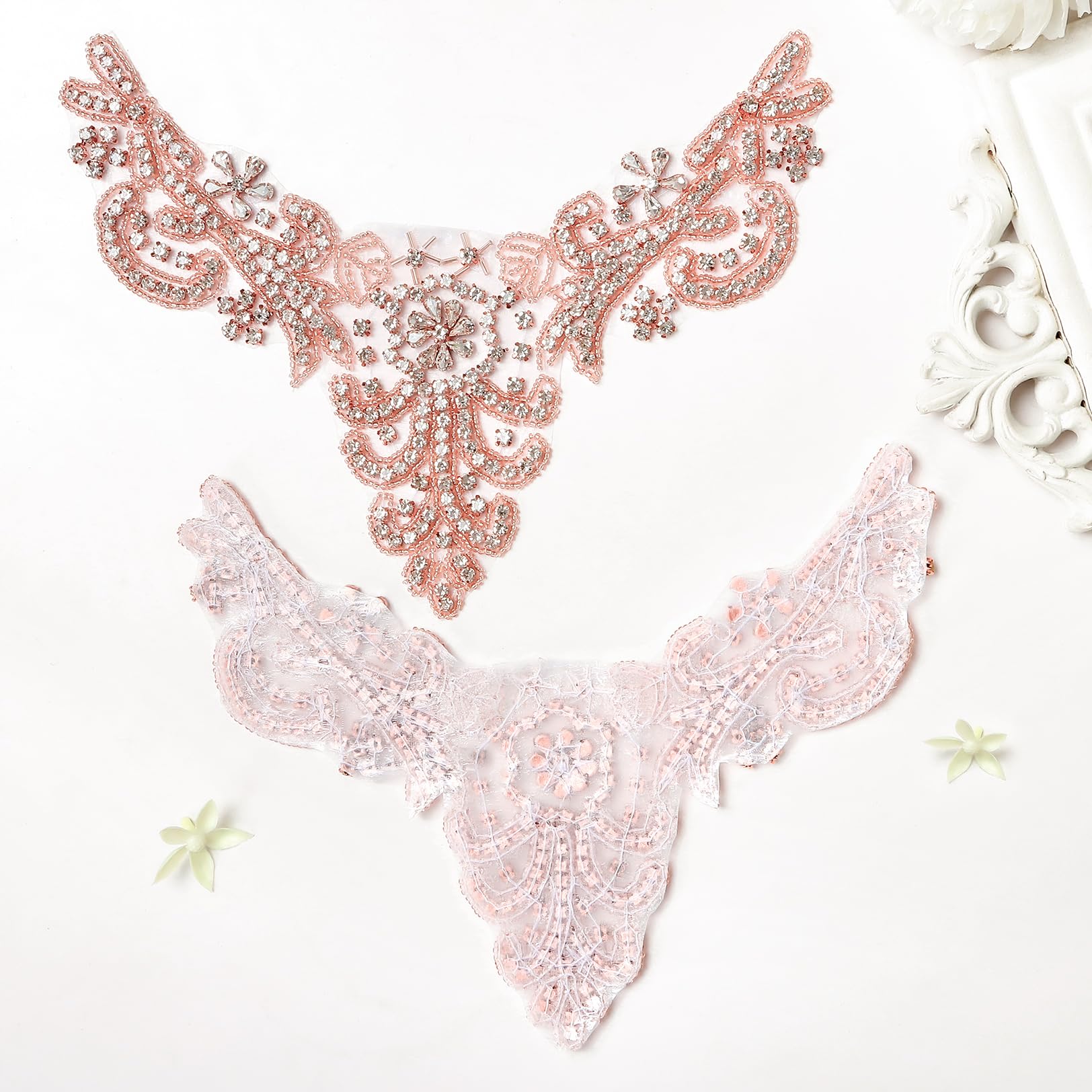 Rose Gold Rhinestone Bridal Sash Applique Set - 2PC Crystal Pearl Wedding Waistband Decor for Brides, Bridesmaids & Special Occasions