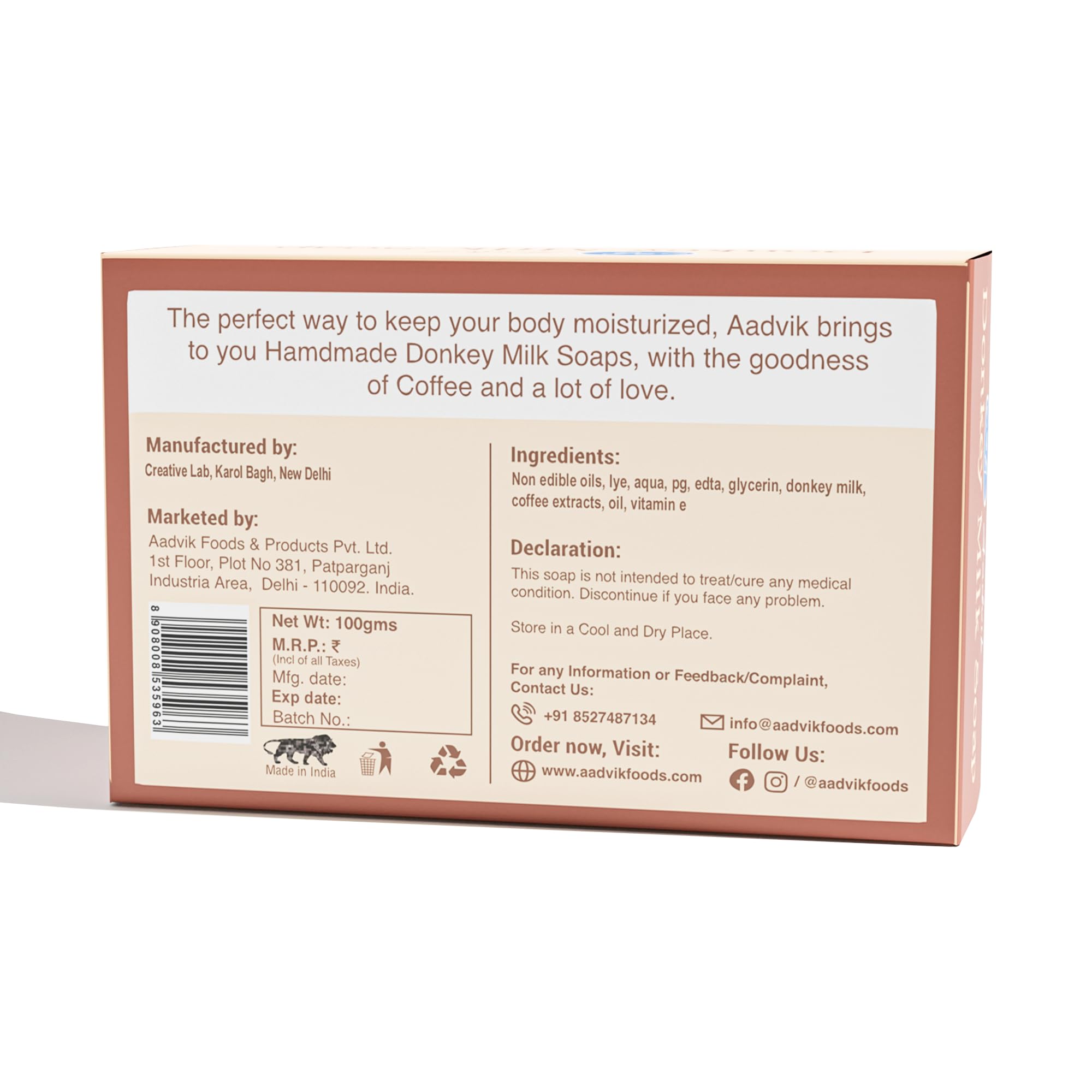 Premium Aadvik Donkey Milk Soap with Coffee Infusion - 100g Natural Skincare Bar for Dry & Sensitive Skin - Moisturizing Face & Body Cleanser for Spa-Like Luxury at Home