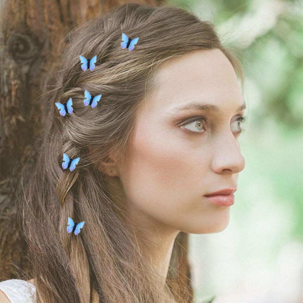 Elegant Blue Butterfly Hair Clips for Women & Girls - 6 Pack Wedding Hair Accessories, Bridal Bobby Pins, Decorative Hair Pins for Bride, Prom, Party & Special Occasions