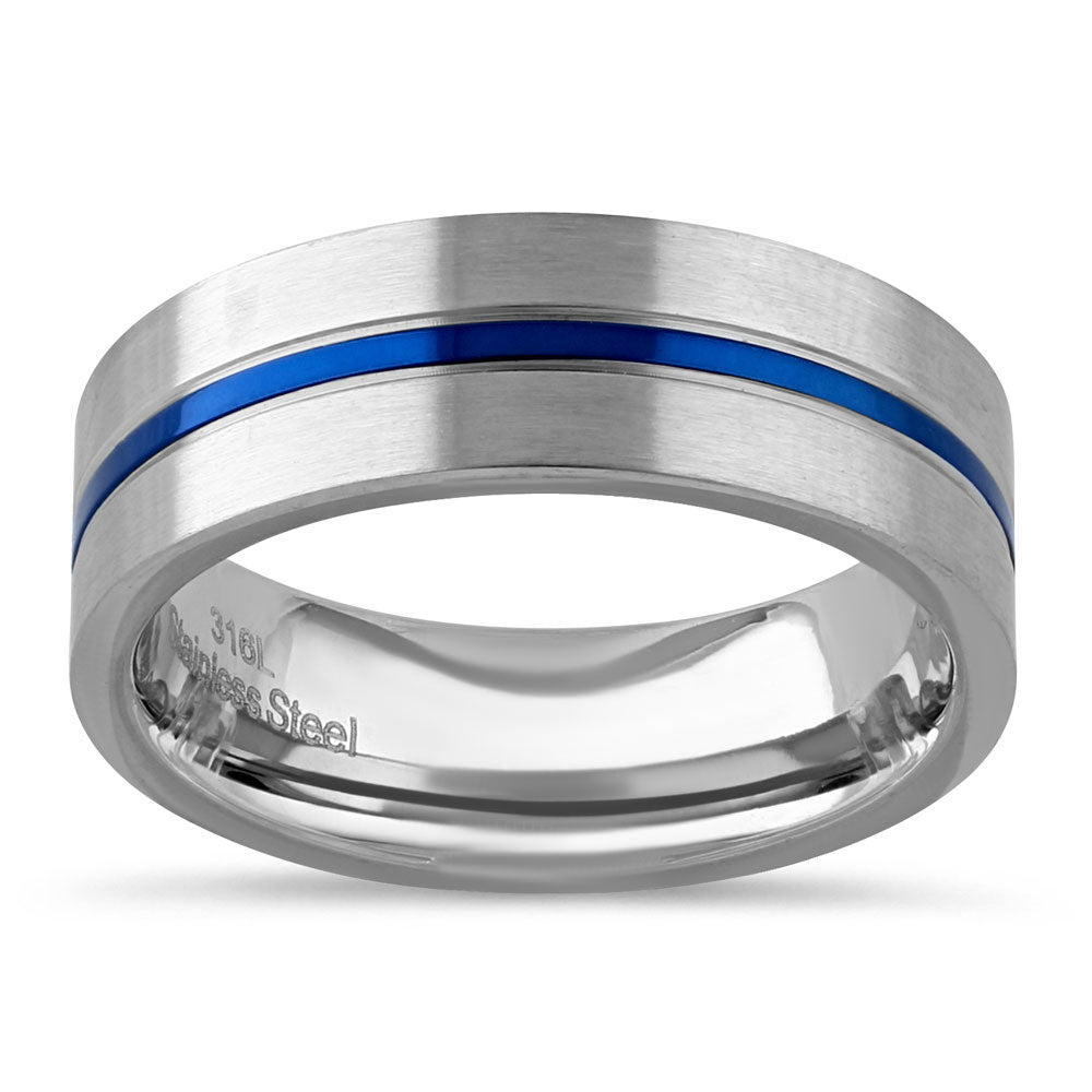 Stainless Steel 6.5mm Satin Finish Blue Striped Band Ring for Men & Women - Fashion Jewelry Gift for Anniversary, Wedding, Party & Everyday Wear