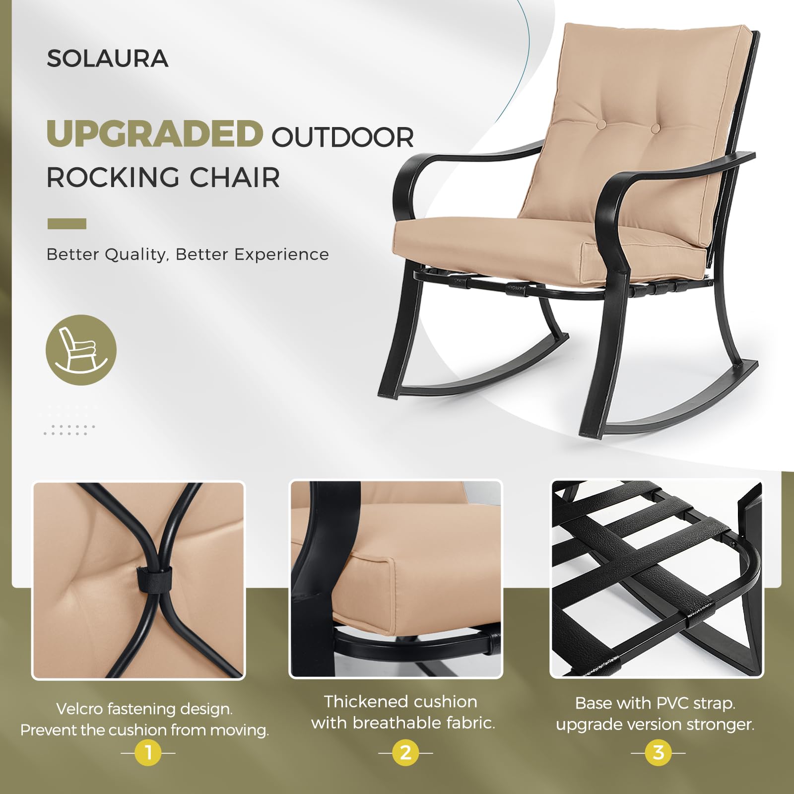 SOLAURA 3-Piece Outdoor Rocking Chair Set with Cushions - Black Iron Patio Bistro Furniture with Glass-Top Coffee Table - Perfect for Garden, Porch & Backyard Relaxation