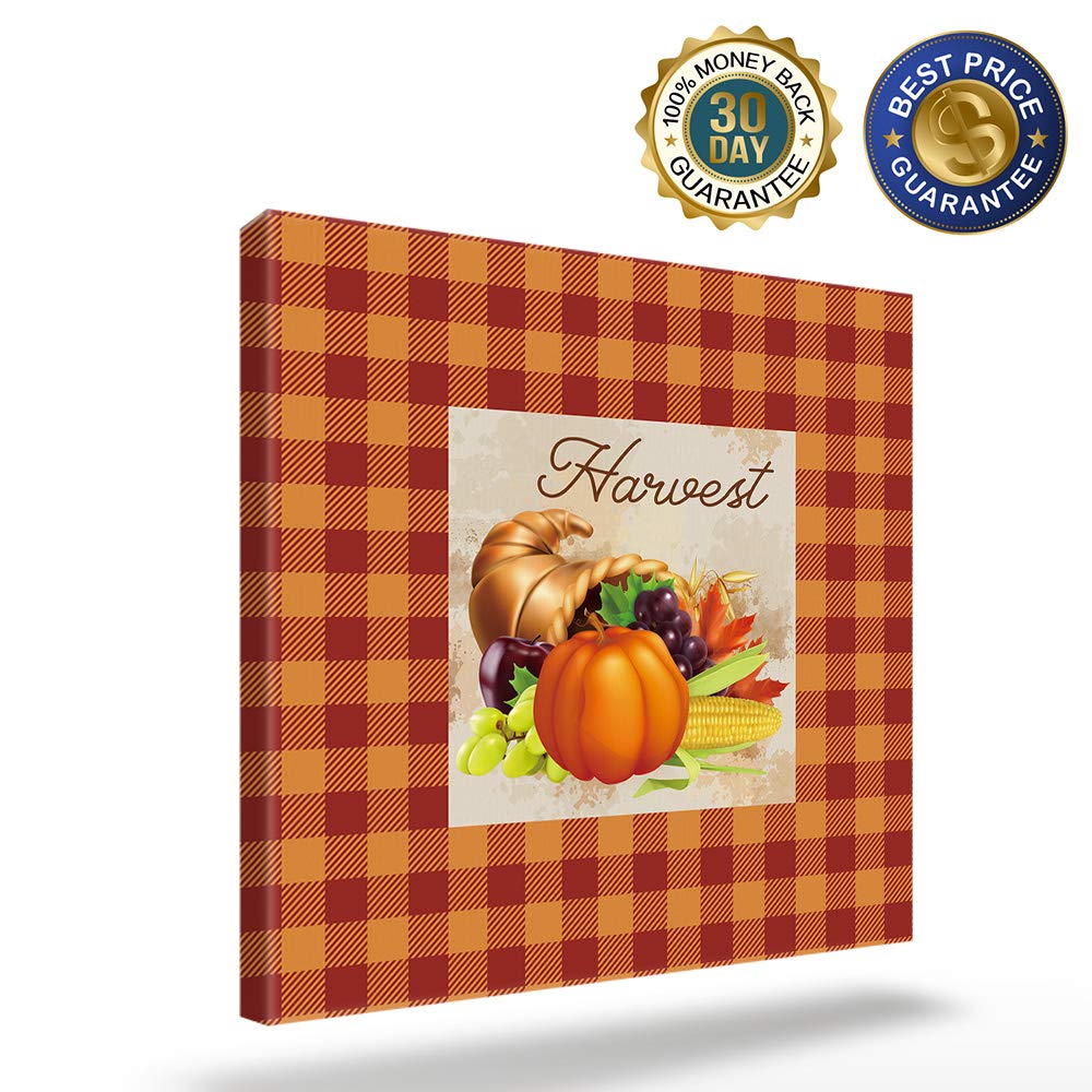 Thanksgiving Pumpkin Cornucopia Orange Buffalo Plaid Wall Art Canvas Prints - Stretched Framed Farmhouse Decor for Living Room, Bedroom, Kitchen | Harvest Season Oil Painting 28x28 Inch - Perfect for Autumn Home Decor & Holiday Gift Giving