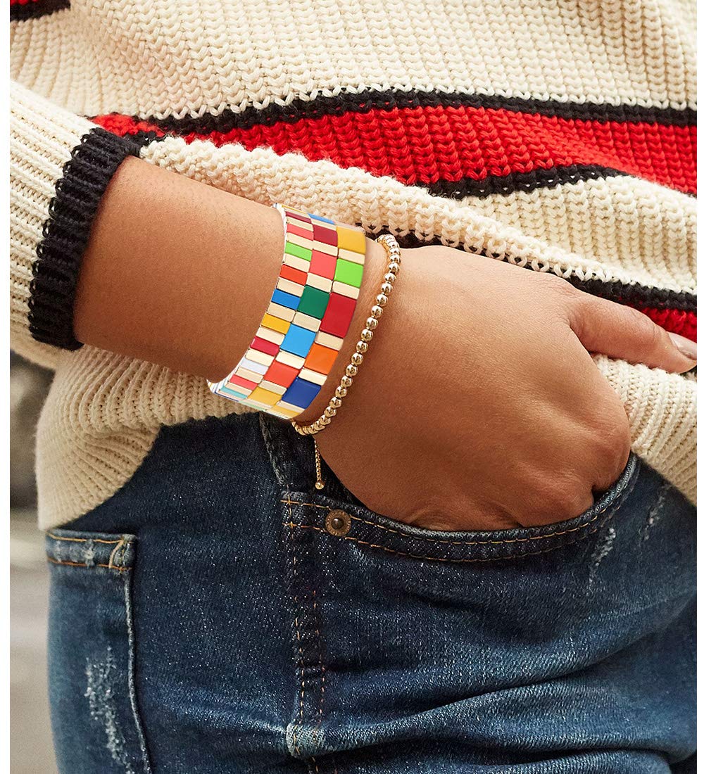 ANGLESJELL Enamel Tile Bracelets - Rainbow Colorful Rectangle Beaded Stretch Bracelets for Women & Girls, Stackable Layered Bangle Jewelry - Perfect for Casual Wear, Gift Giving, and Festival Outfits