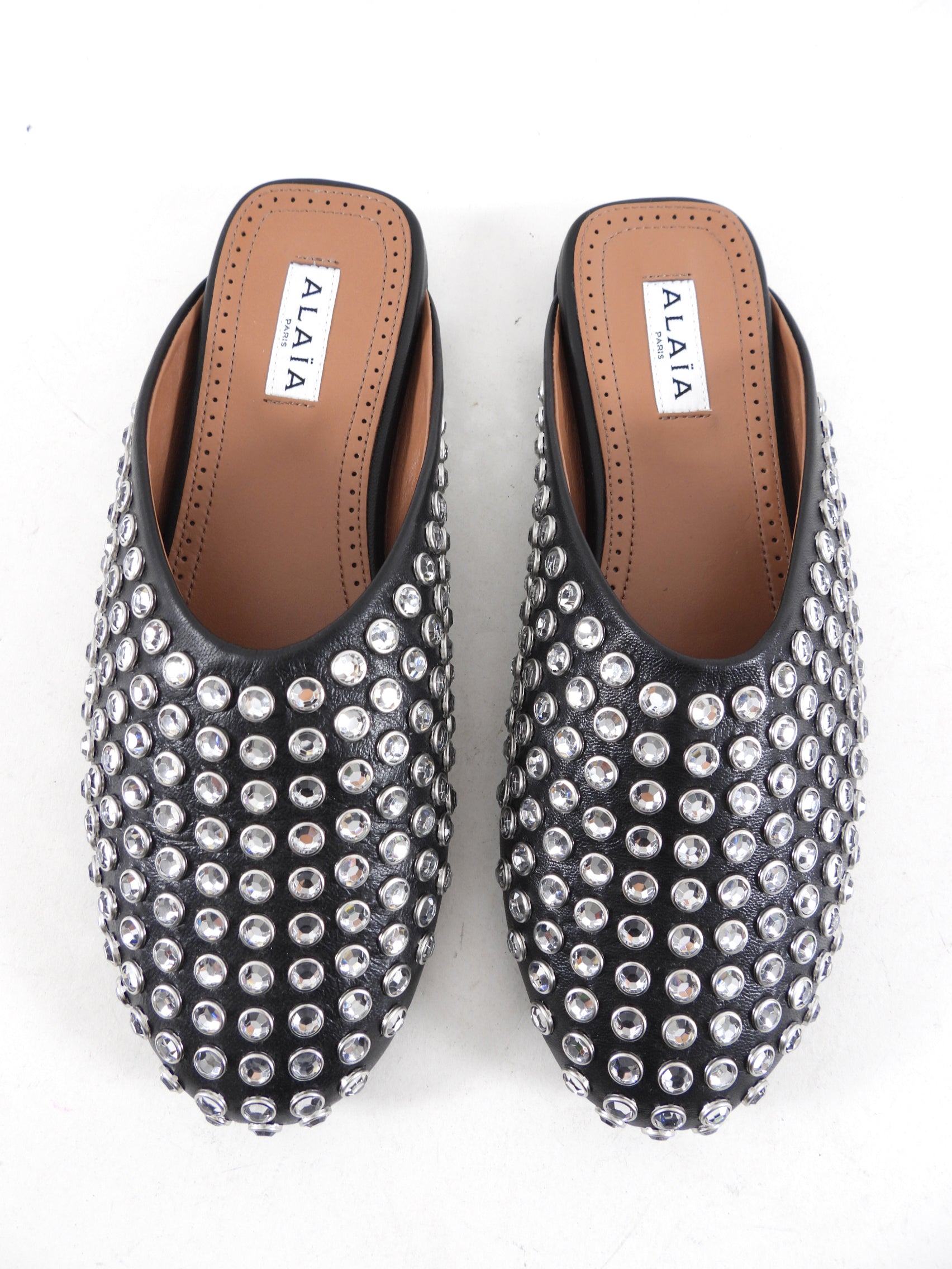 Alaia Black Leather Crystal Stud Flat Mules - Women's Size 37 | Comfortable Slip-On Shoes for Casual Outings & Office Wear