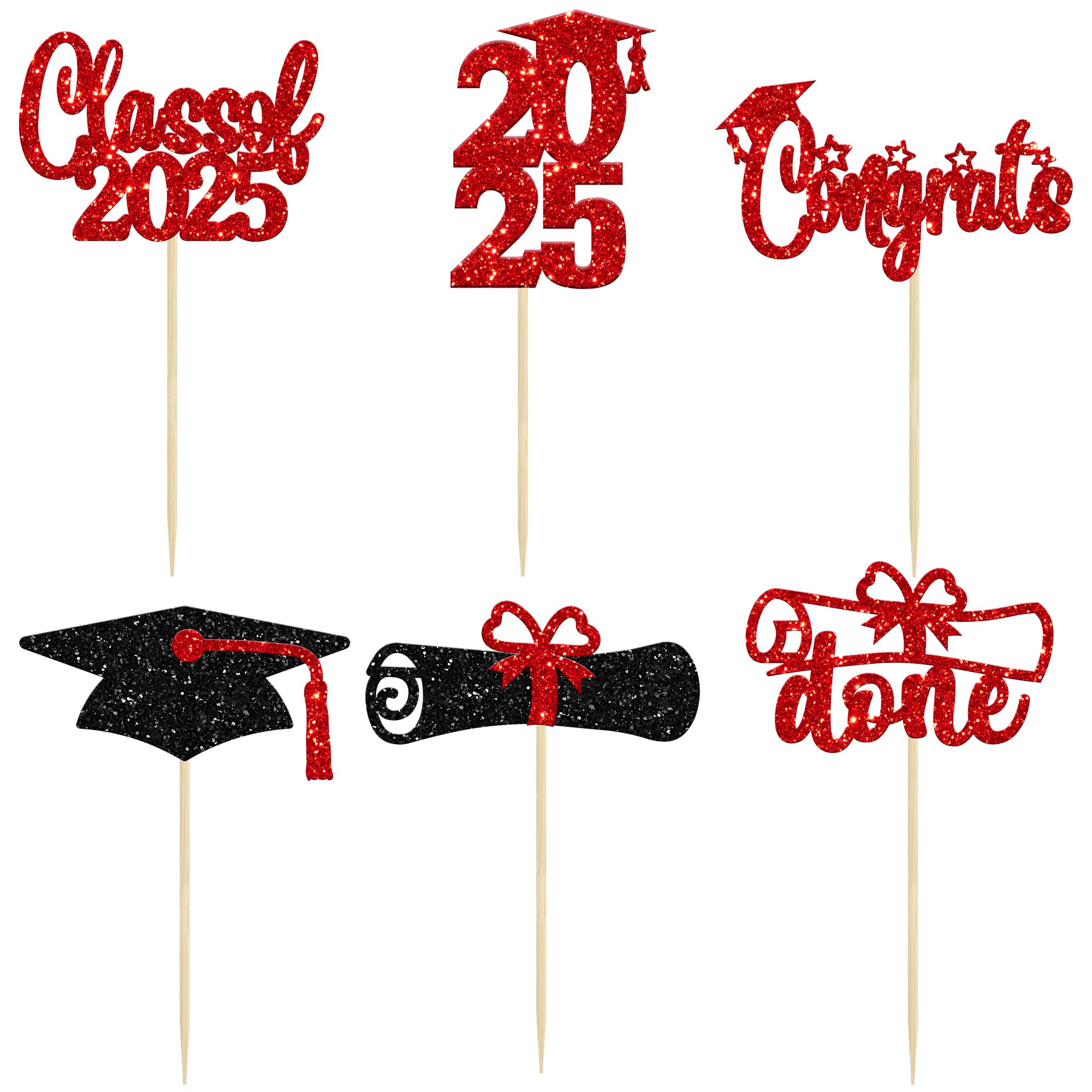 24 PCS 2025 Graduation Cupcake Toppers - Glitter Congrats Grad Cap & Diploma Cake Decorations - Red - Perfect for 2025 Graduation Party, School Celebration & Cake Decorating Supplies