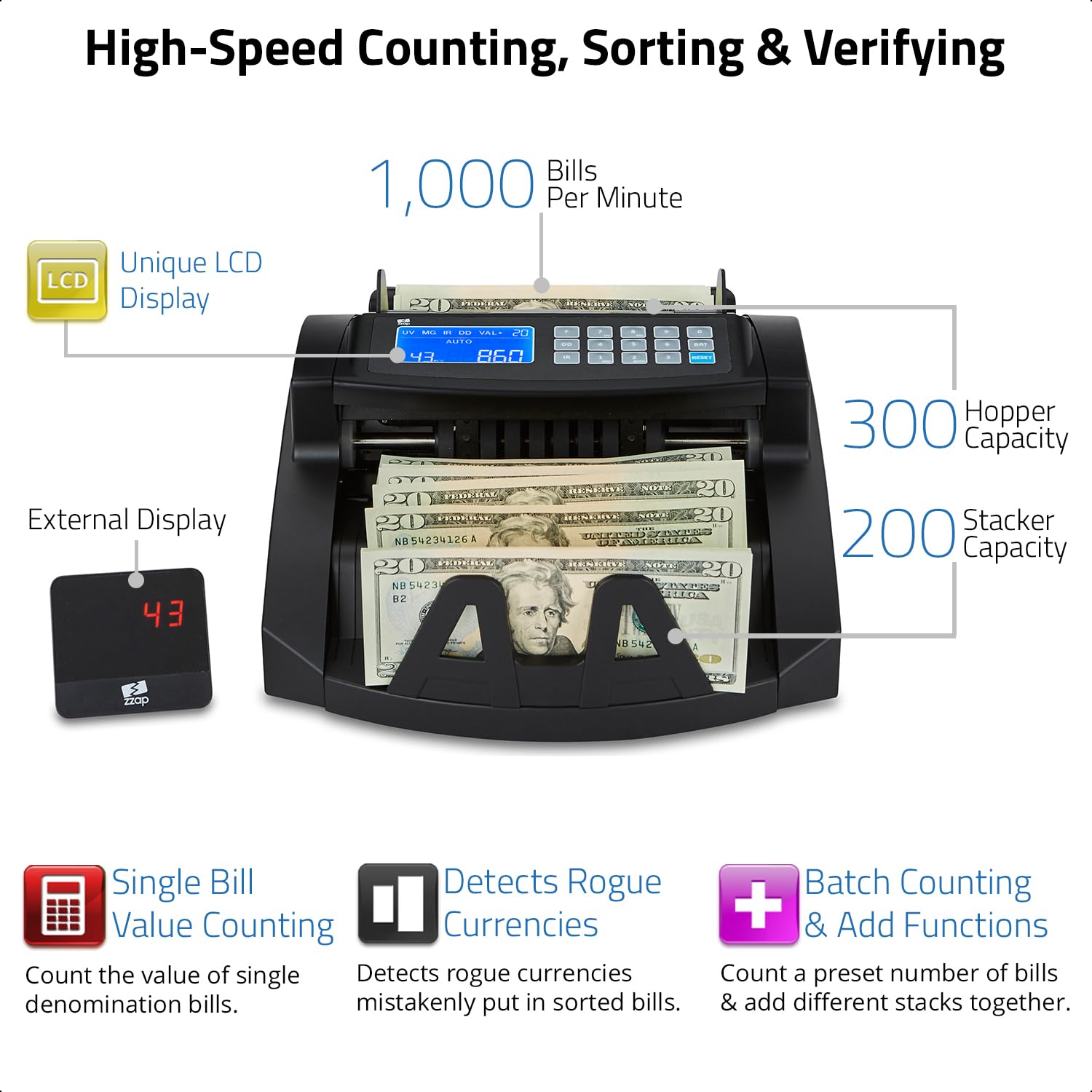 ZZap NC20i Bill Value Counter & Counterfeit Detector Machine - Fast & Accurate Currency Counting with UV/MG/IR Detection - Perfect for Banks, Retail Stores, and Cash-Intensive Businesses