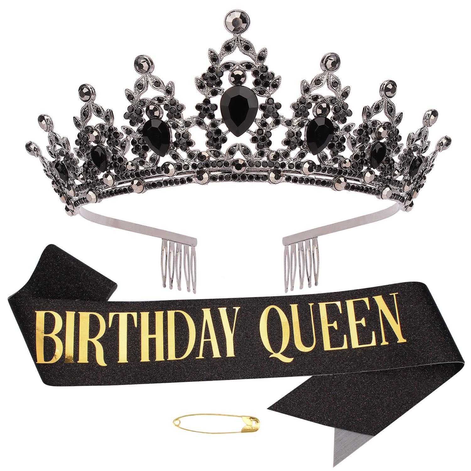 Birthday Queen Sash & Crystal Tiara Set - Sparkling Rhinestone Crown with Comb & Glitter Satin Sash with Pin - Perfect for Birthday Parties, Bachelorette, Pageants & Special Occasions